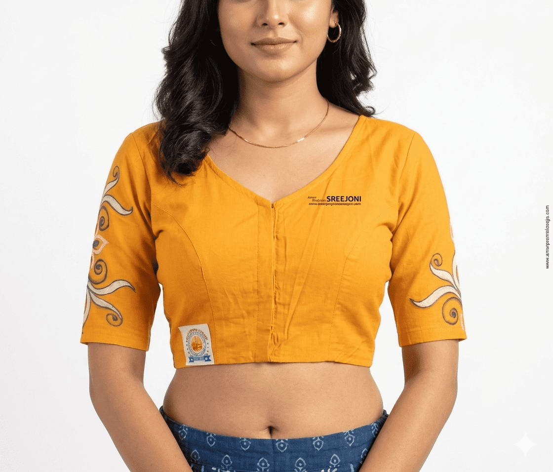 Hand Embroided pure cotton Yellow color v-neck blouse