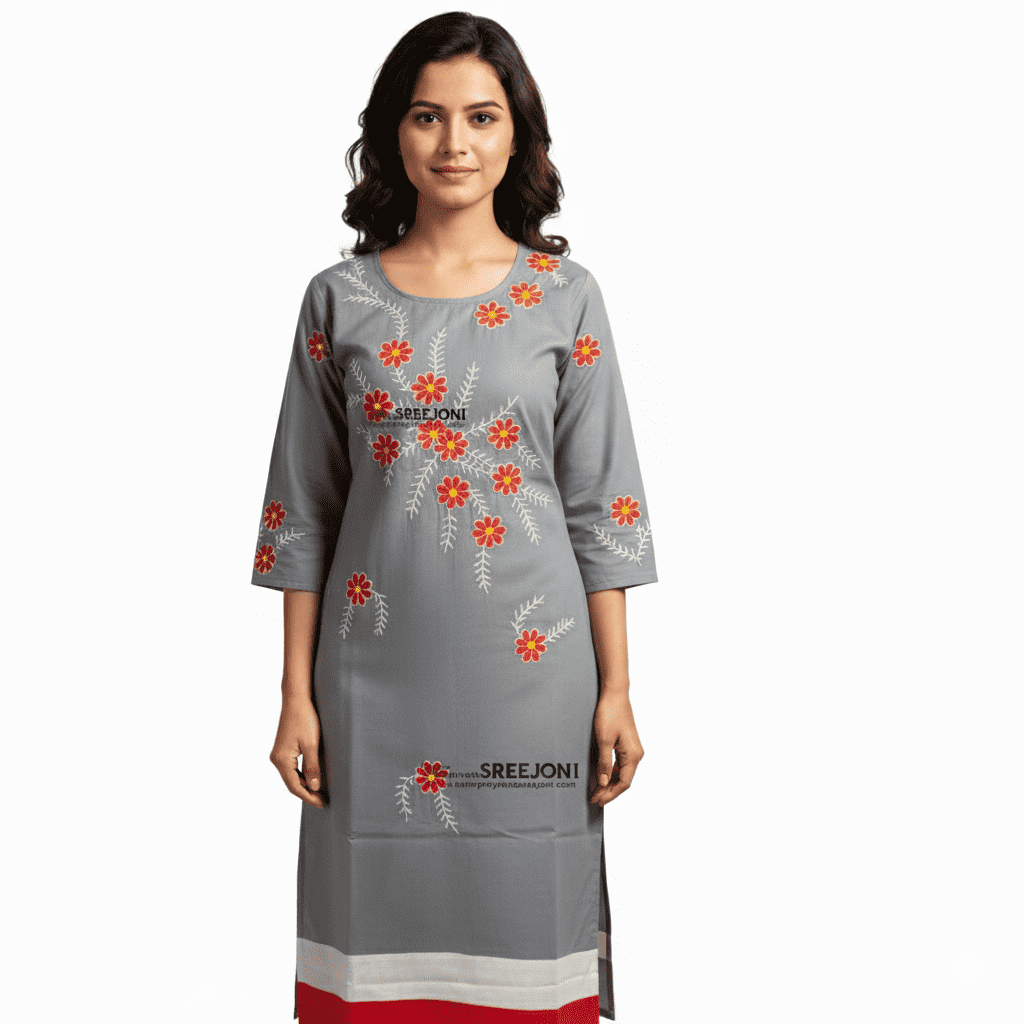 Embroided pure cotton Grey color long kurti for girls and womens