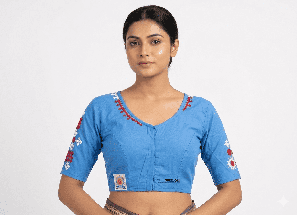 Hand embroided pure cotton blue color v-neck blouse