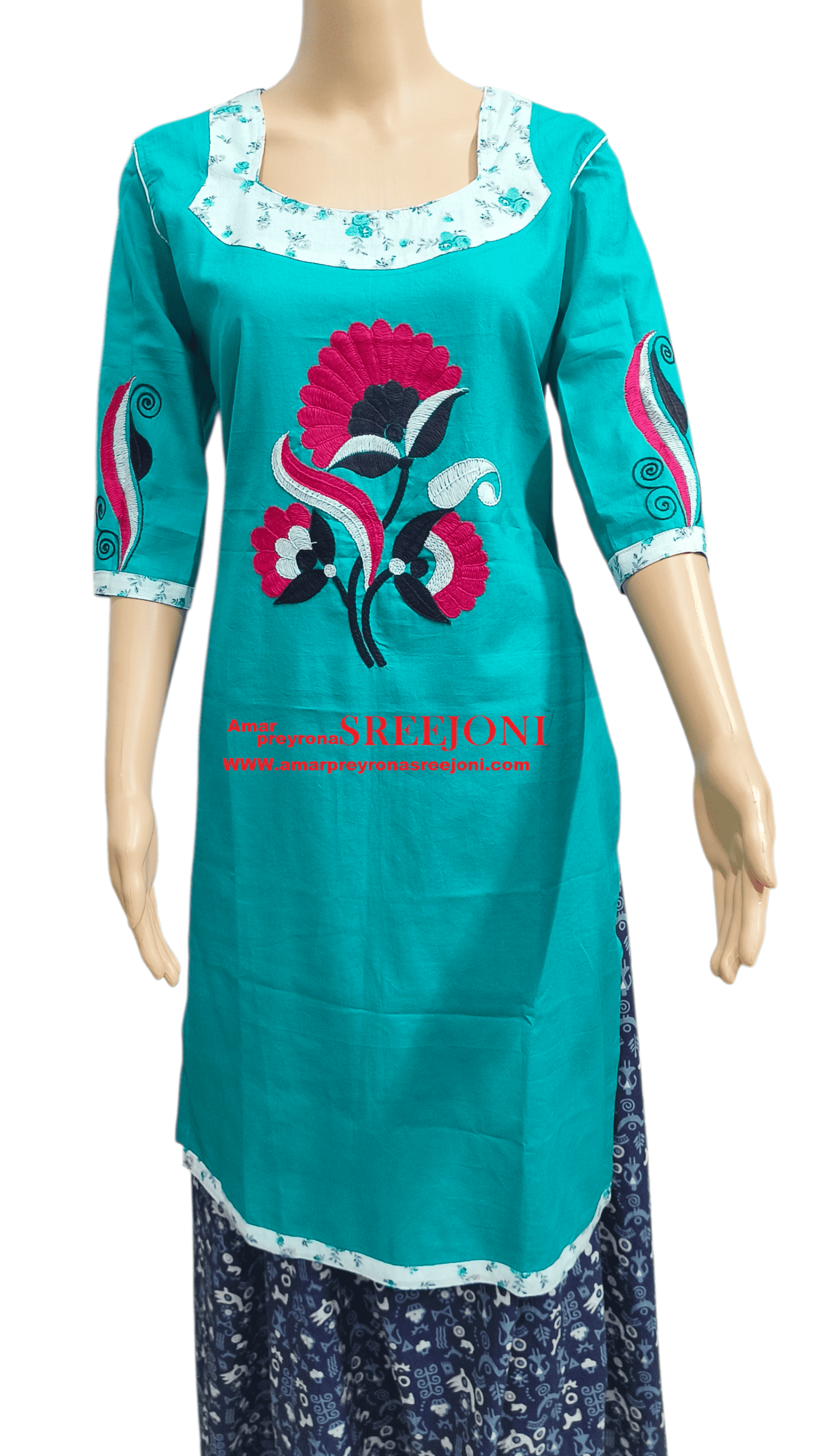 Hand embroided pure cotton sea-green color knee-length long kurti
