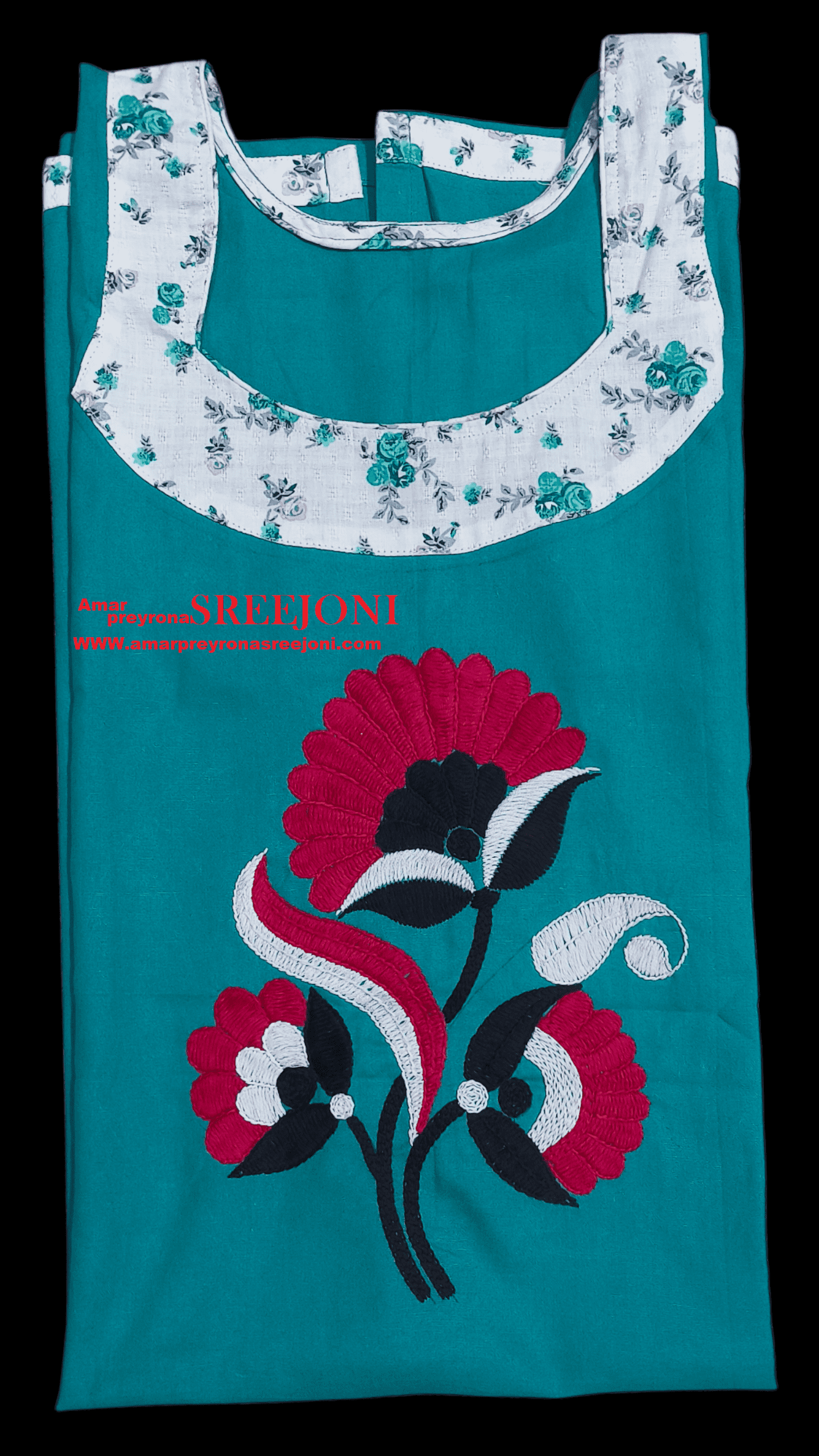 Hand embroided pure cotton sea-green color knee-length long kurti