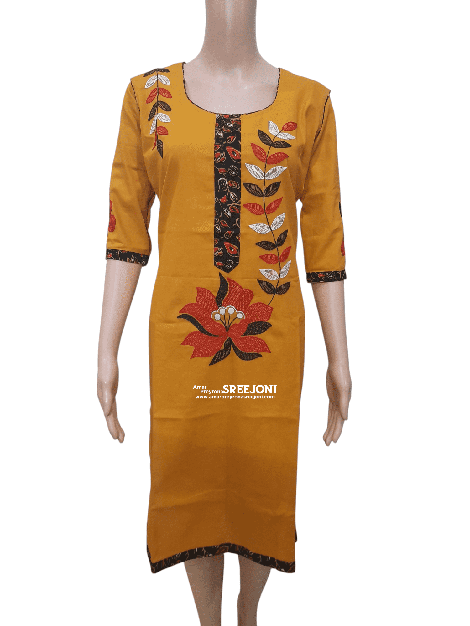 Hand embroided pure cotton Yellow color knee-length long kurti