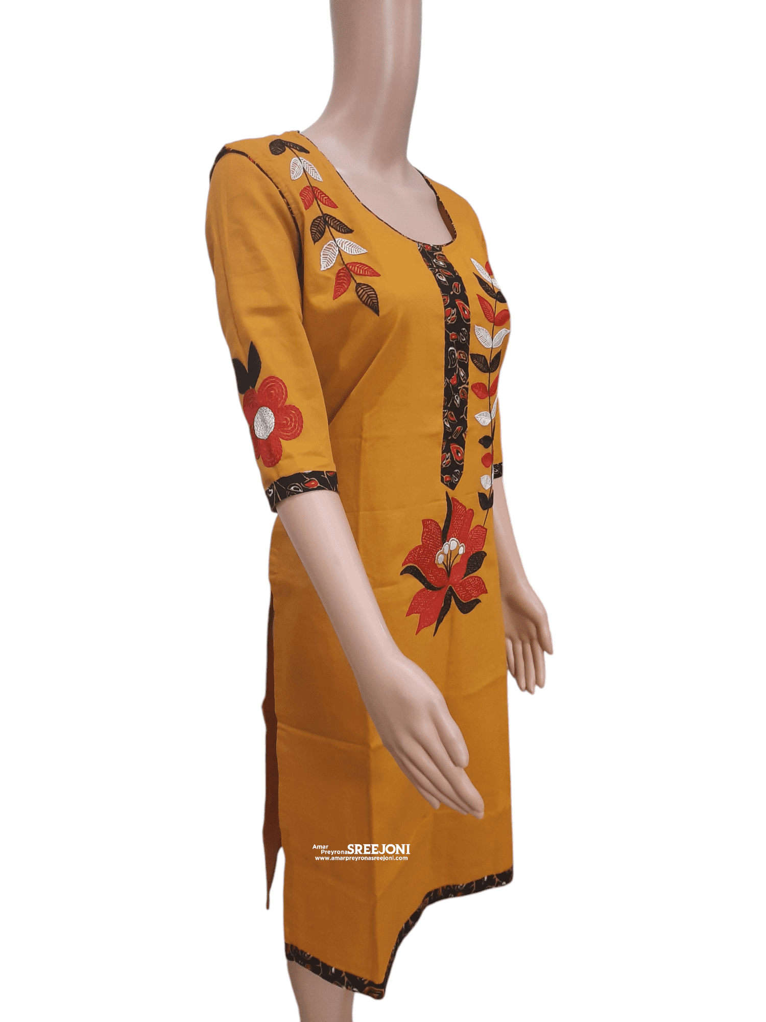 Hand embroided pure cotton Yellow color knee-length long kurti