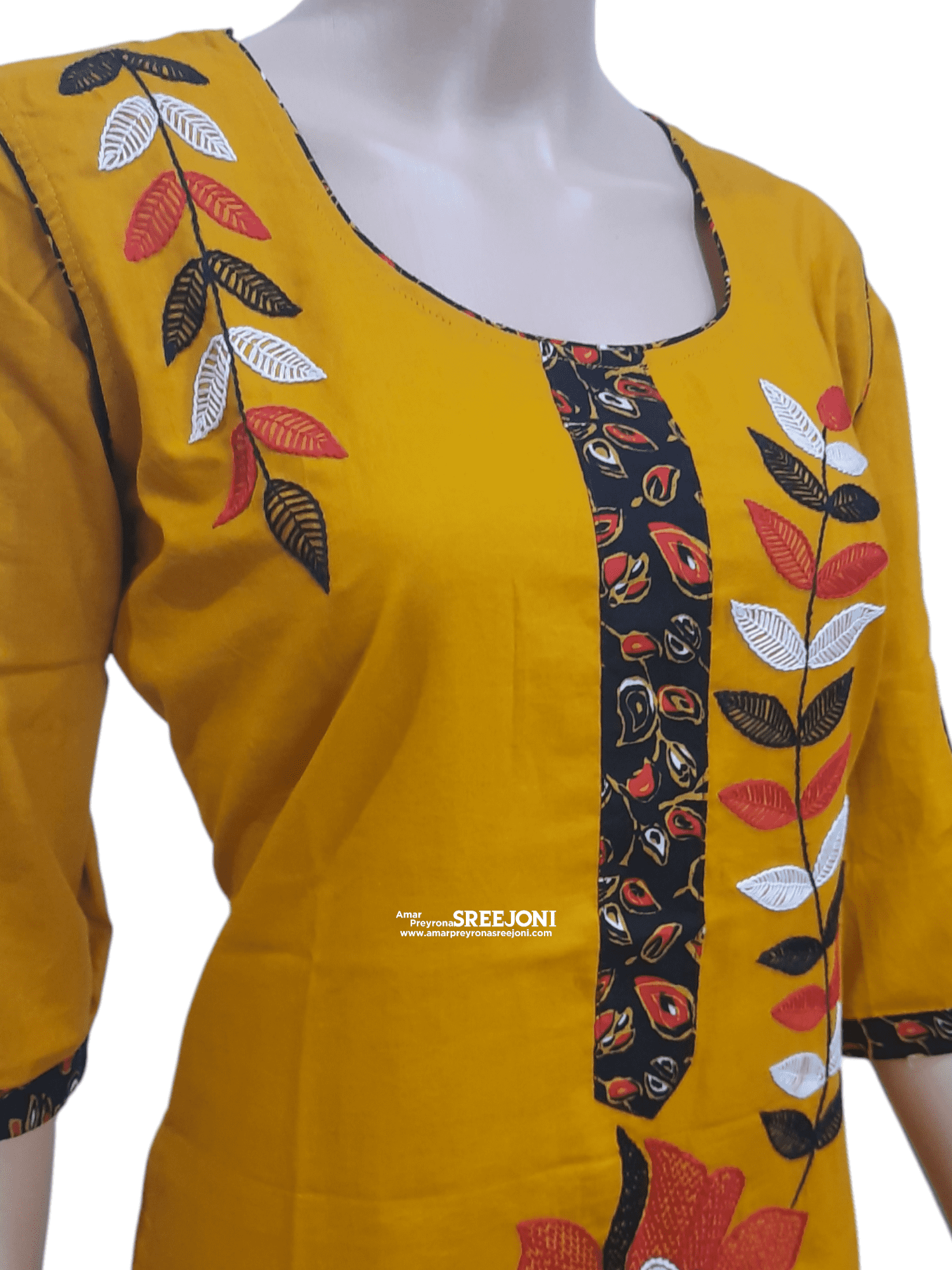 Hand embroided pure cotton Yellow color knee-length long kurti