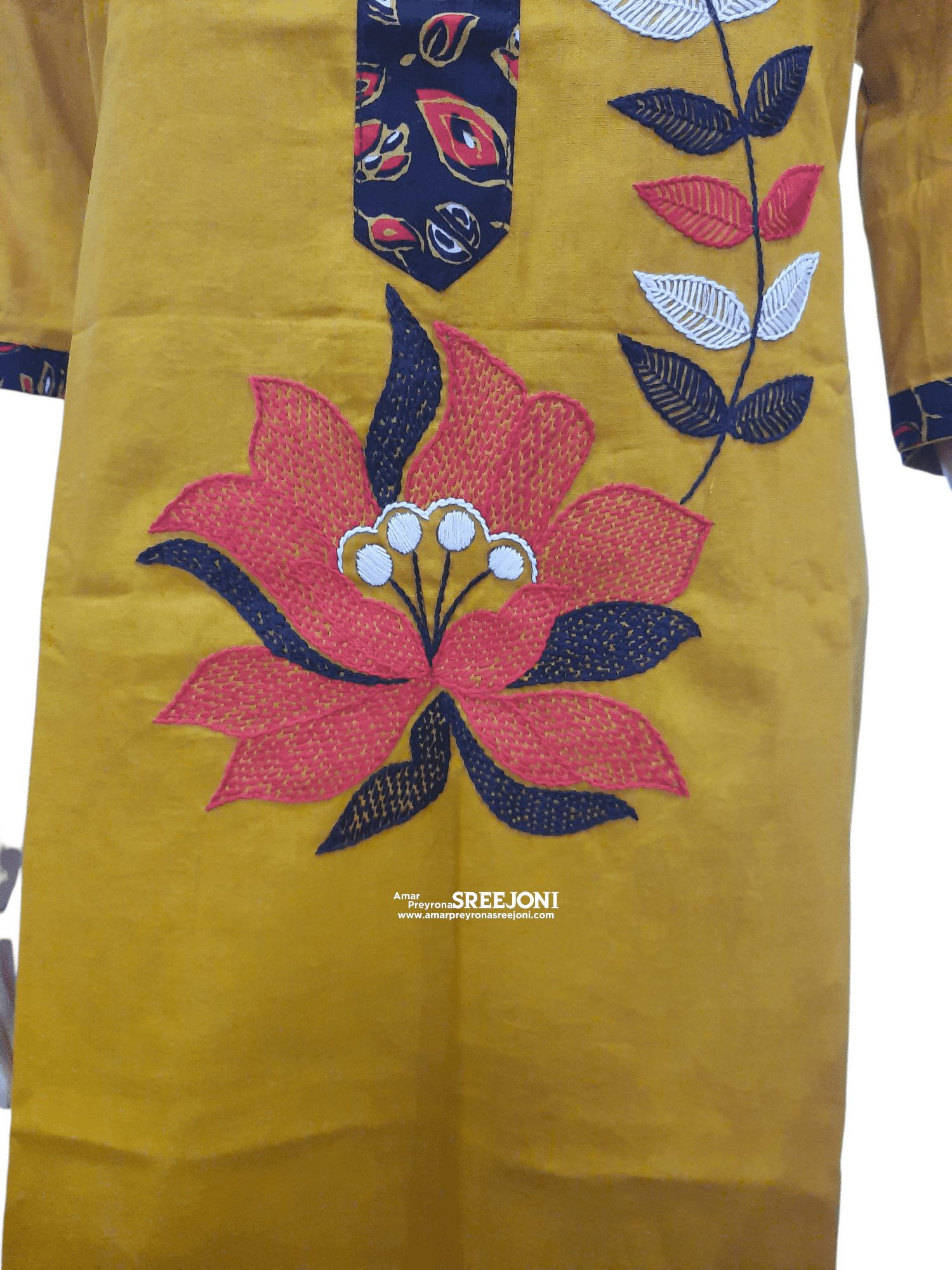 Hand embroided pure cotton Yellow color knee-length long kurti