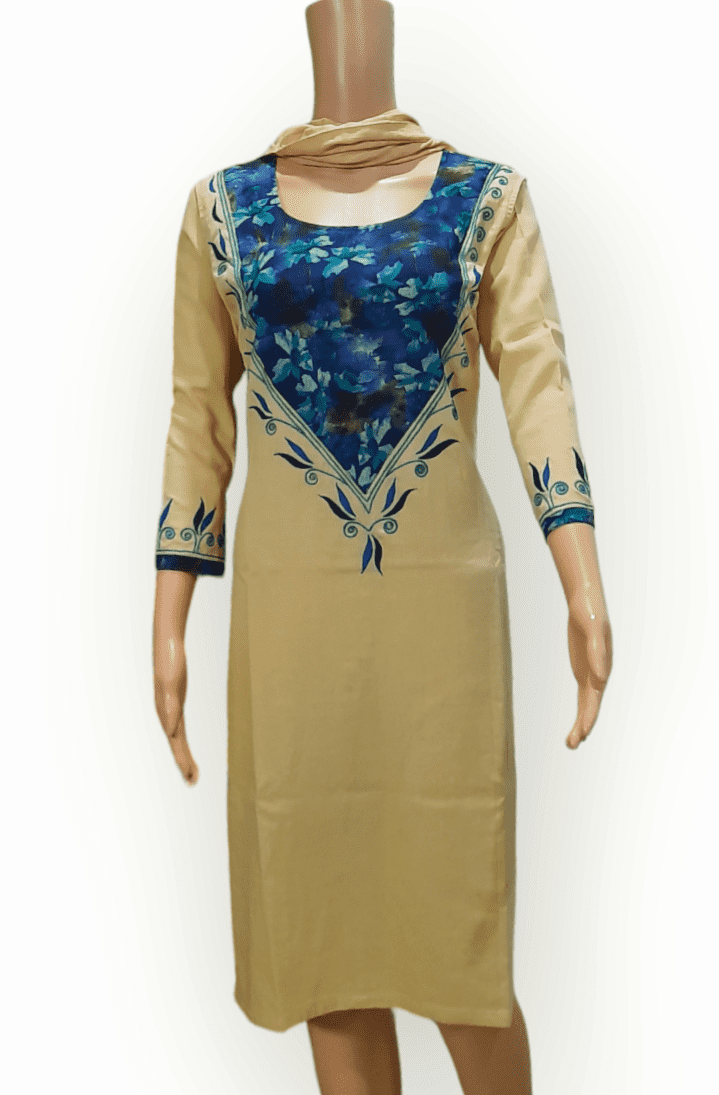Embroided pure cotton beige color knee-length long kurti