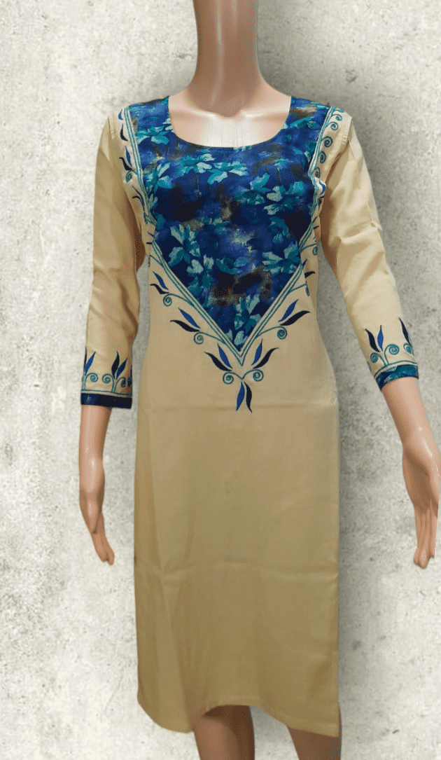 Embroided pure cotton beige color knee-length long kurti