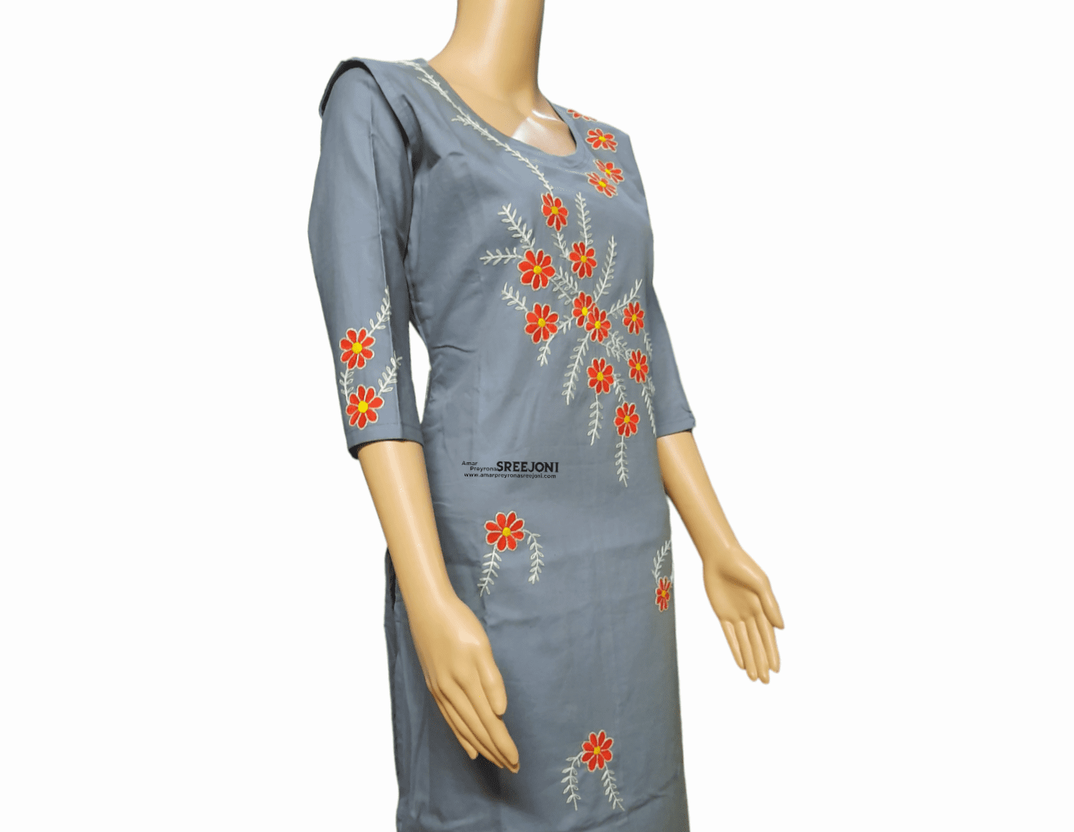 Embroided pure cotton Grey color long kurti for girls and womens