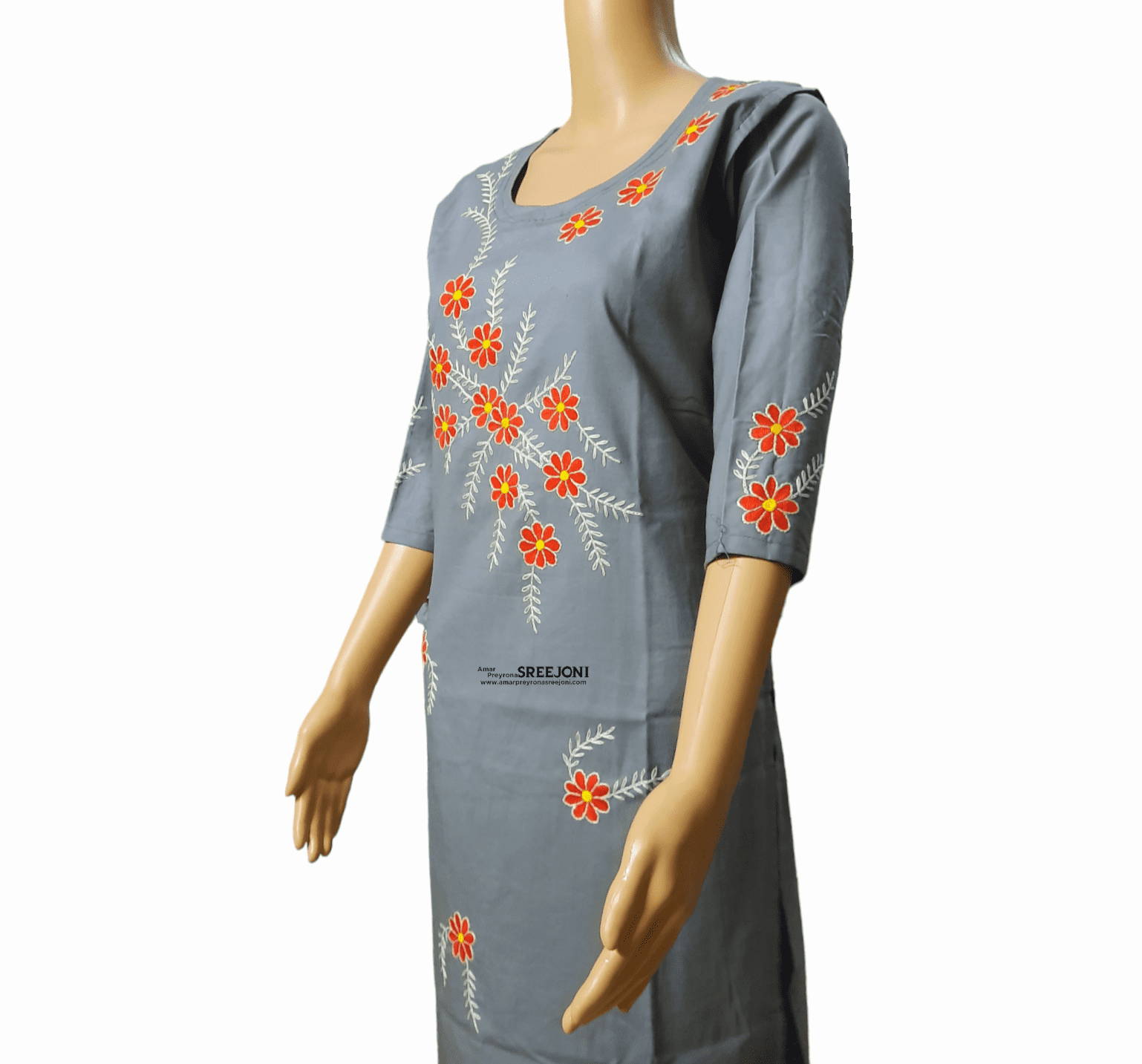 Embroided pure cotton Grey color long kurti for girls and womens