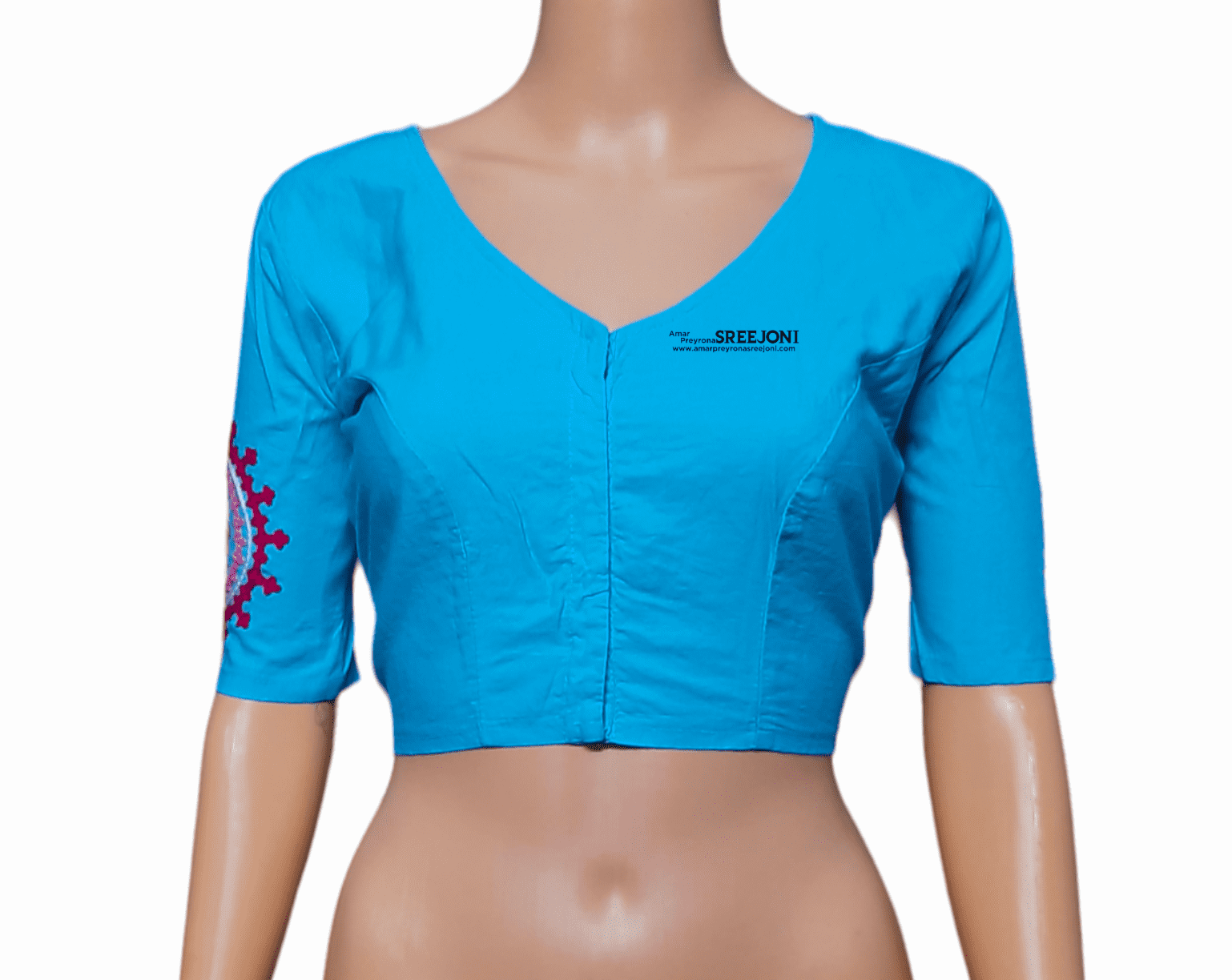 A very beautiful hand embroided pure cotton v-neck  blue color blouse