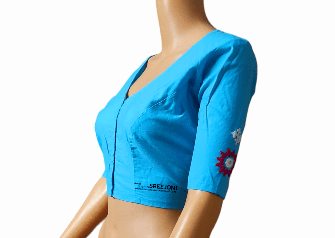 A very beautiful hand embroided pure cotton v-neck  blue color blouse