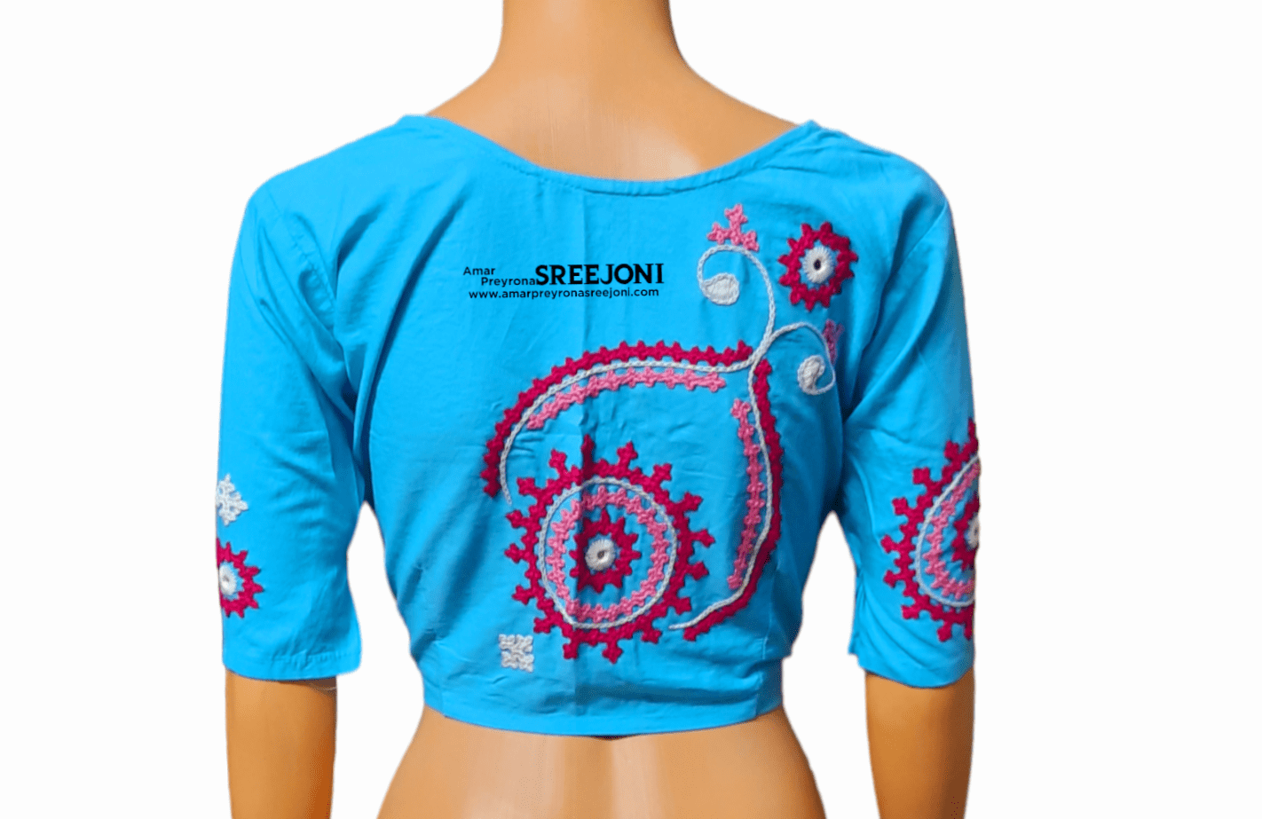 A very beautiful hand embroided pure cotton v-neck  blue color blouse