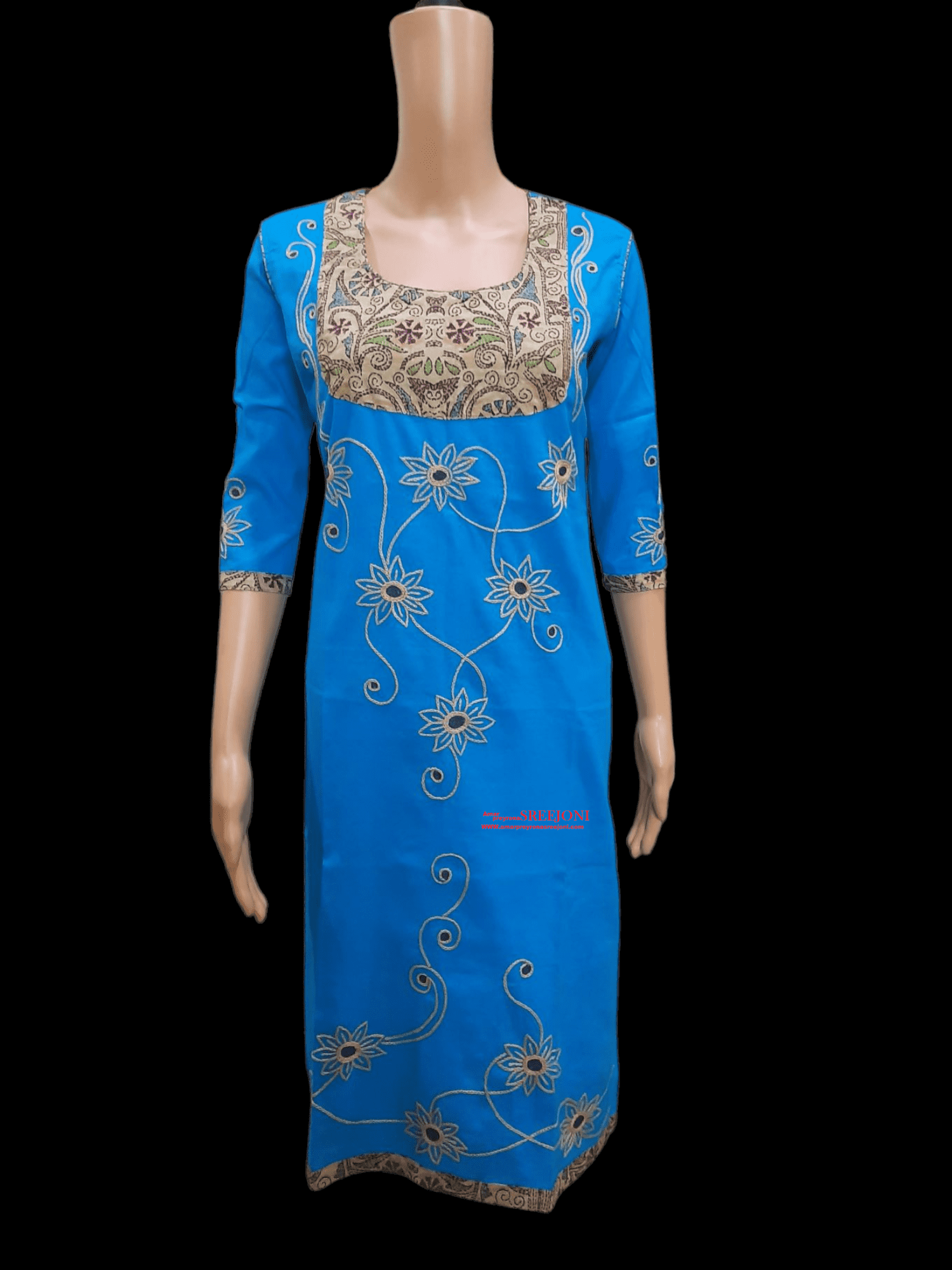 Hand Embroidery Pure Cotton Blue Color Round Neck Knee Length Long kurti For Women And Girls