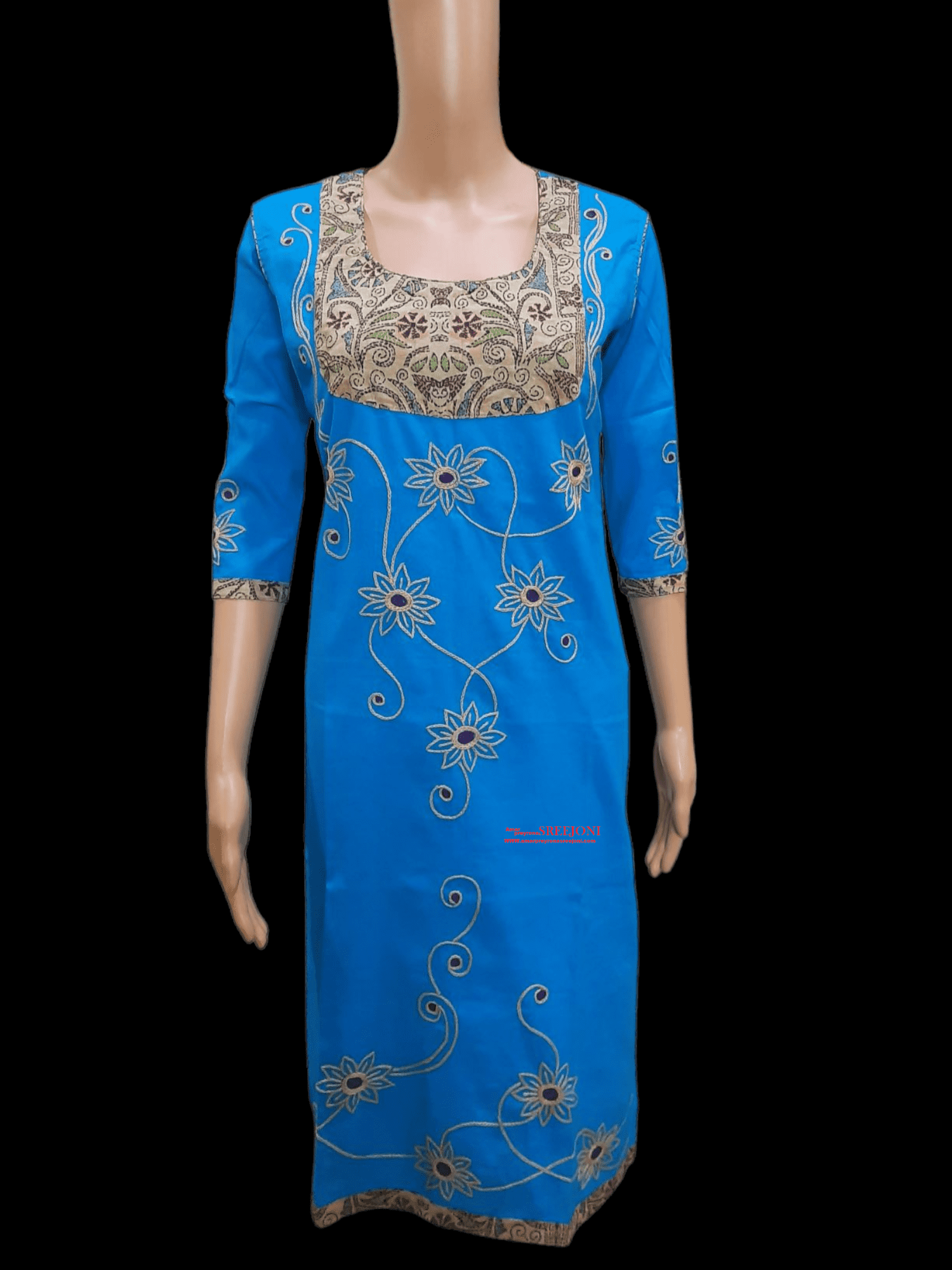Hand Embroidery Pure Cotton Blue Color Round Neck Knee Length Long kurti For Women And Girls