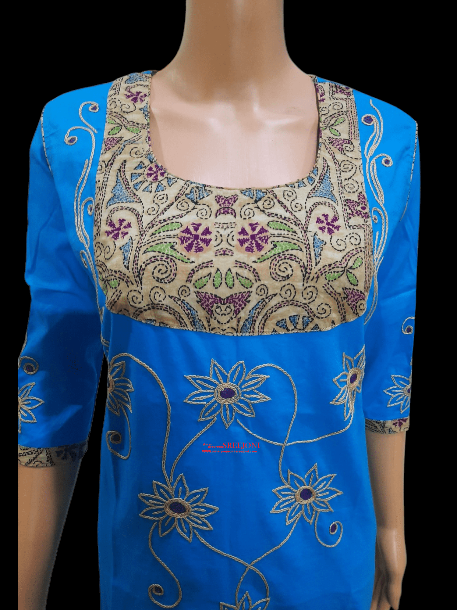 Hand Embroidery Pure Cotton Blue Color Round Neck Knee Length Long kurti For Women And Girls