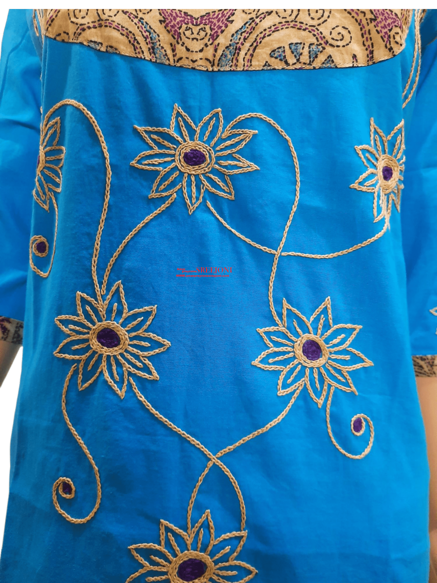 Hand Embroidery Pure Cotton Blue Color Round Neck Knee Length Long kurti For Women And Girls