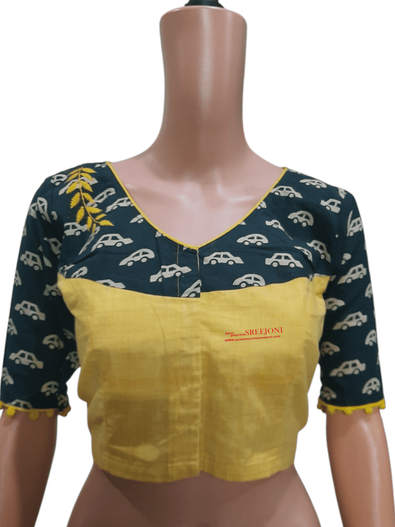 Hand Embroidery Pure Cotton Yellow And Black Color Combination Hand Made Blouse For Girls And Womens