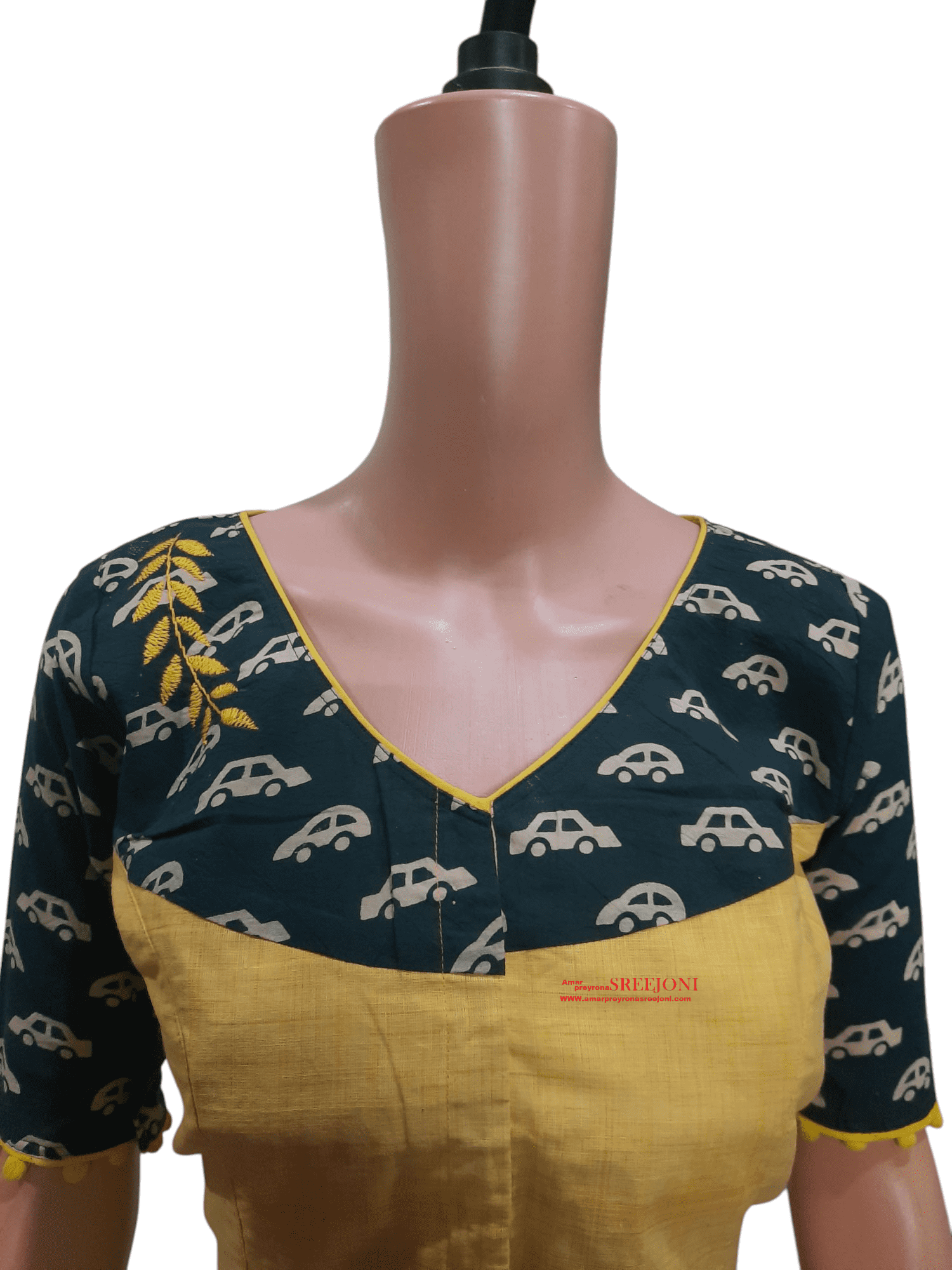 Hand Embroidery Pure Cotton Yellow And Black Color Combination Hand Made Blouse For Girls And Womens