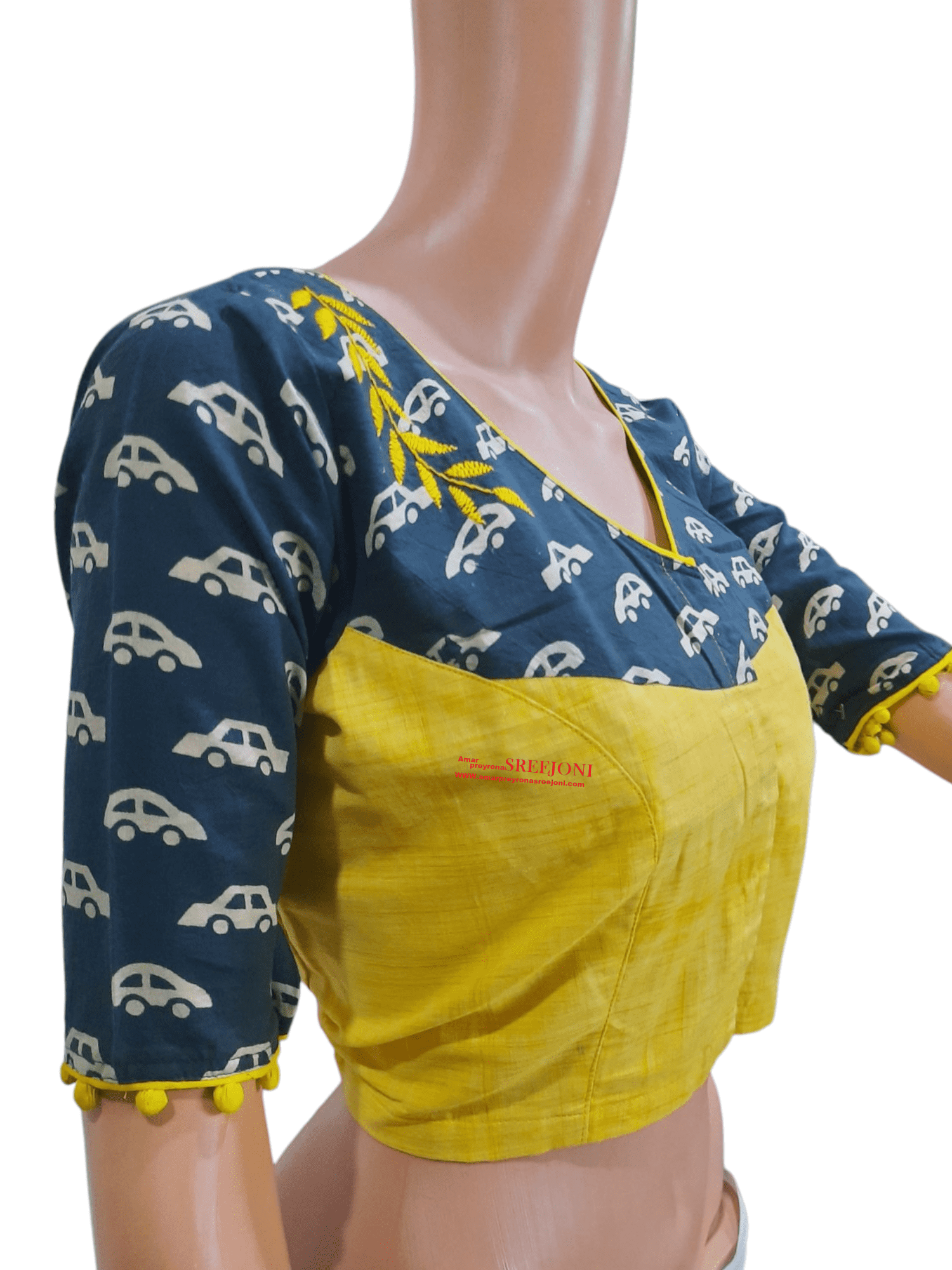 Hand Embroidery Pure Cotton Yellow And Black Color Combination Hand Made Blouse For Girls And Womens