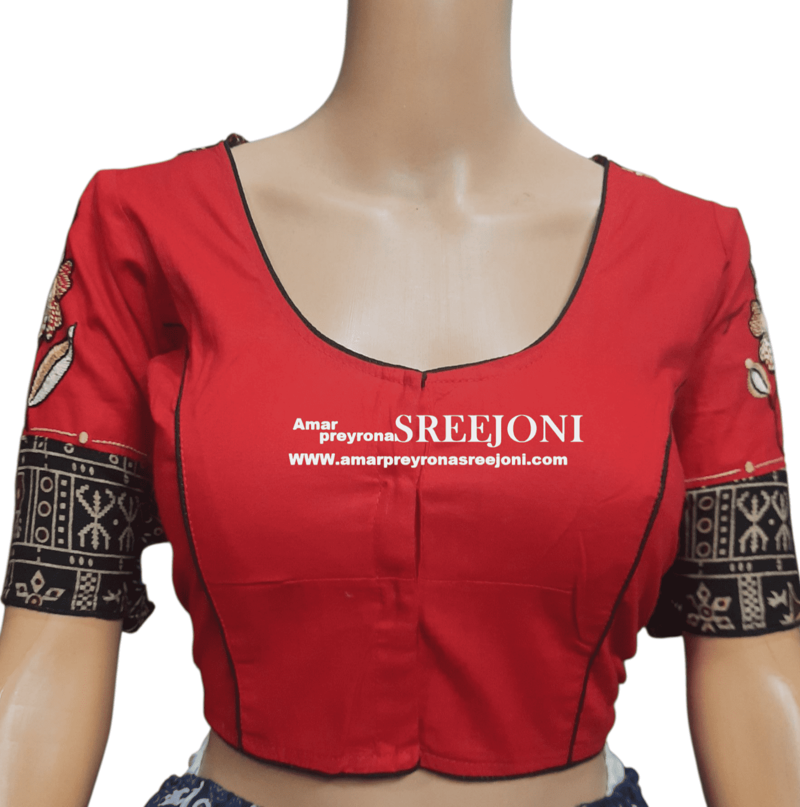 Amar preyrona Sreejoni Hand Embroidred Pure Cotton red color u-Neck Blouse For Girls And Womens