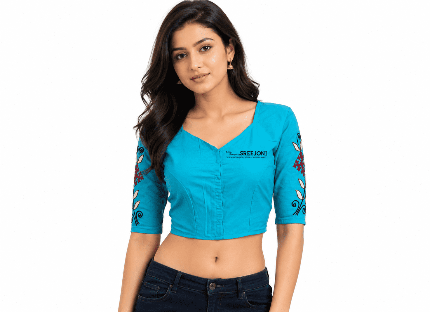 Hand embroided pure cotton blue color blouse usable for women and girls