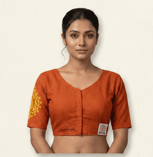 Hand embroided pure cotton orange color front hook round neck blouse