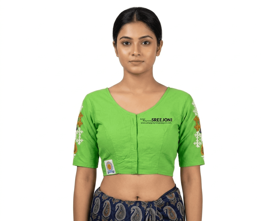 Hand embroided pure cotton font hook green color blouse