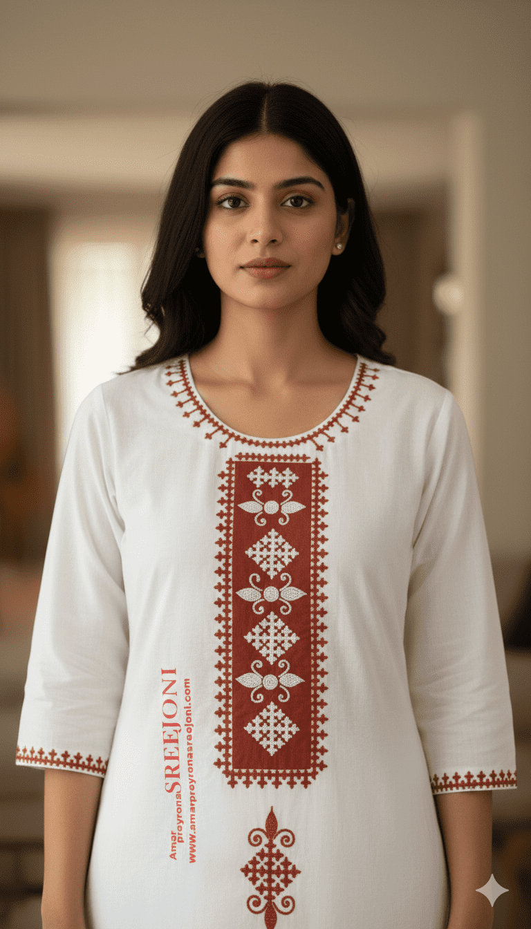 Hand Embroided Pure Cotton Off White Color Long 3miter Fabric Kurti piece Usable For Woman And girls