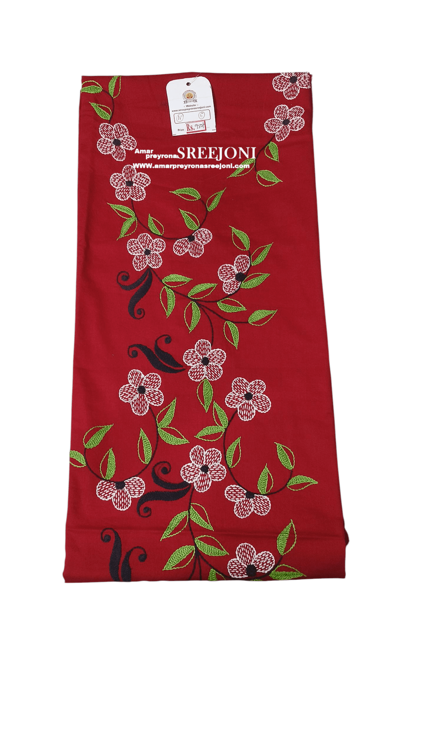 Hand Embroided Pure Cotton cherry Red Color Kurti Piece (2.5 miter)