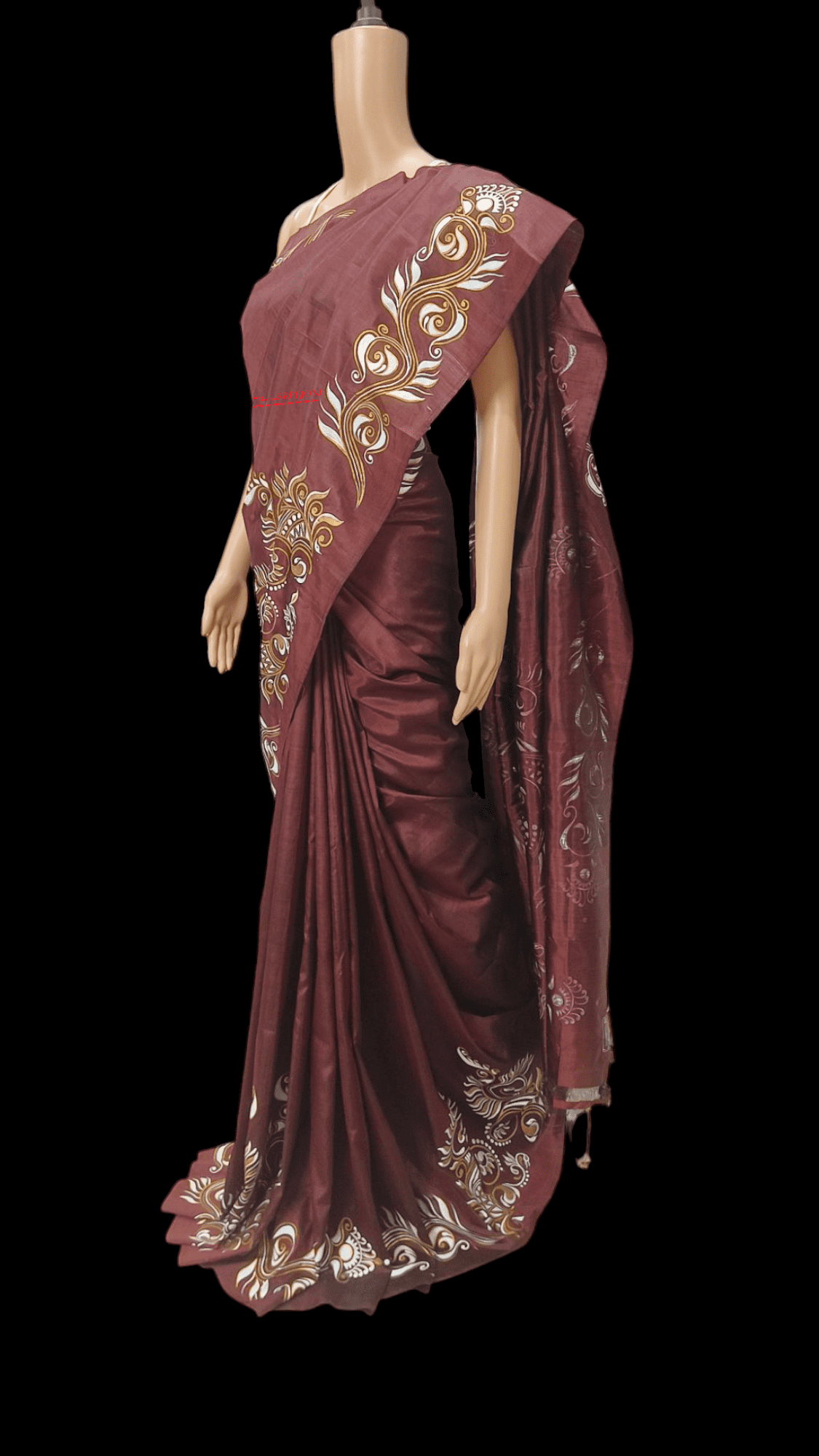 A Beautiful Hand Painted Pure Bishnupuri Silk Maroon Color Saree For Women And Girls