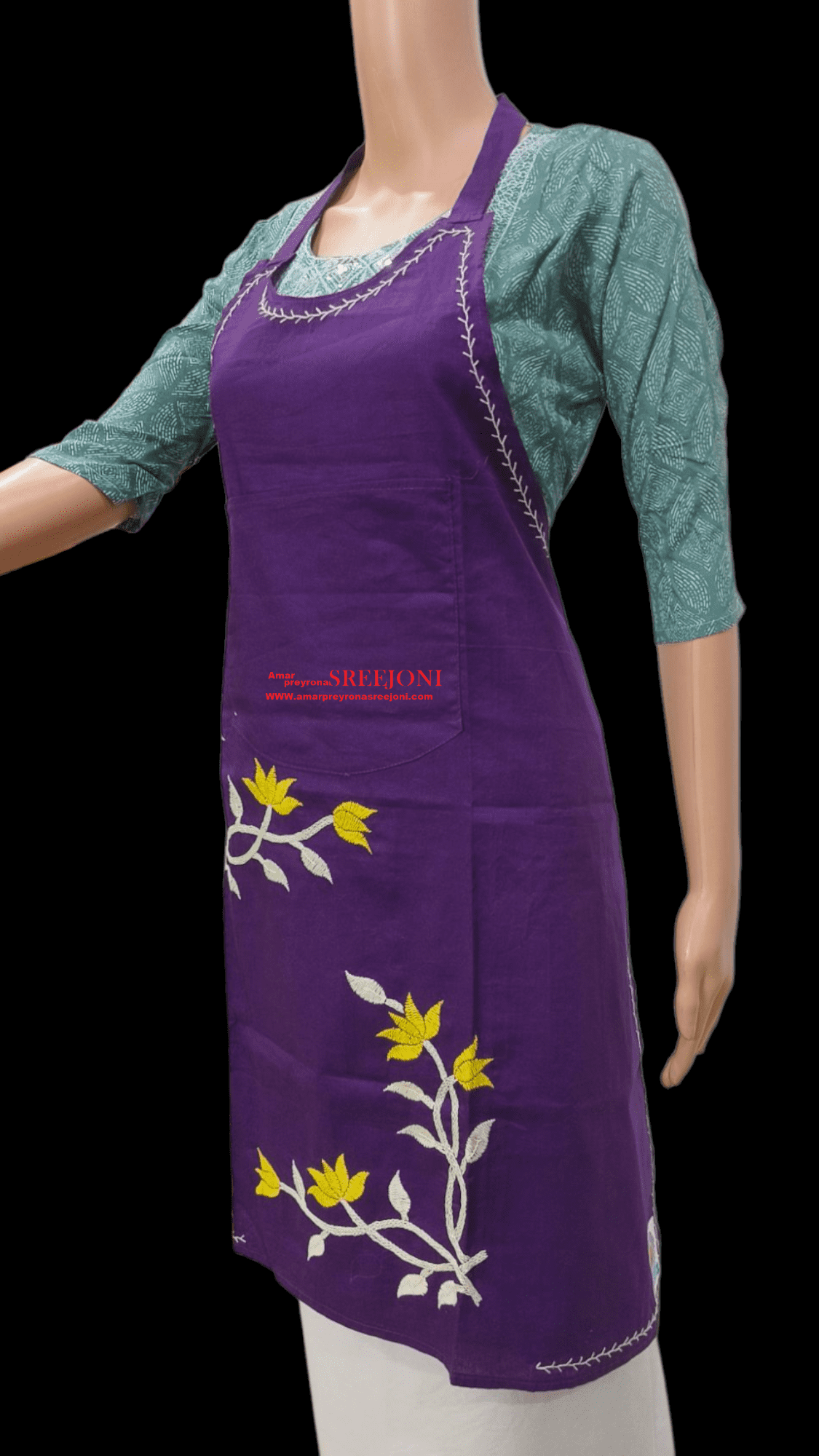 Hand Embroidery Pure Cotton Purple Color Apron- Perfect for Chefs And Home Cooks