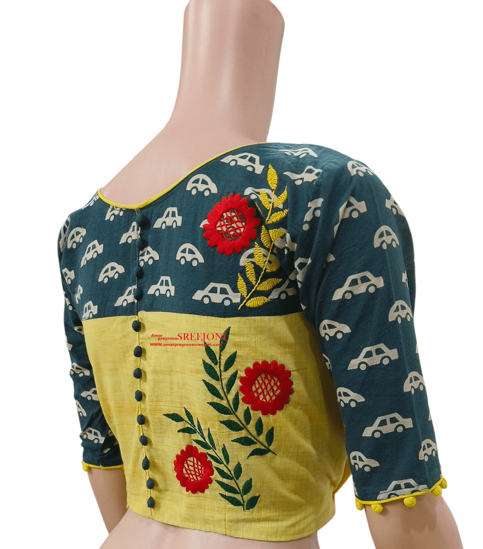 Hand Embroidery Pure Cotton Yellow And Black Color Combination Hand Made Blouse For Girls And Womens
