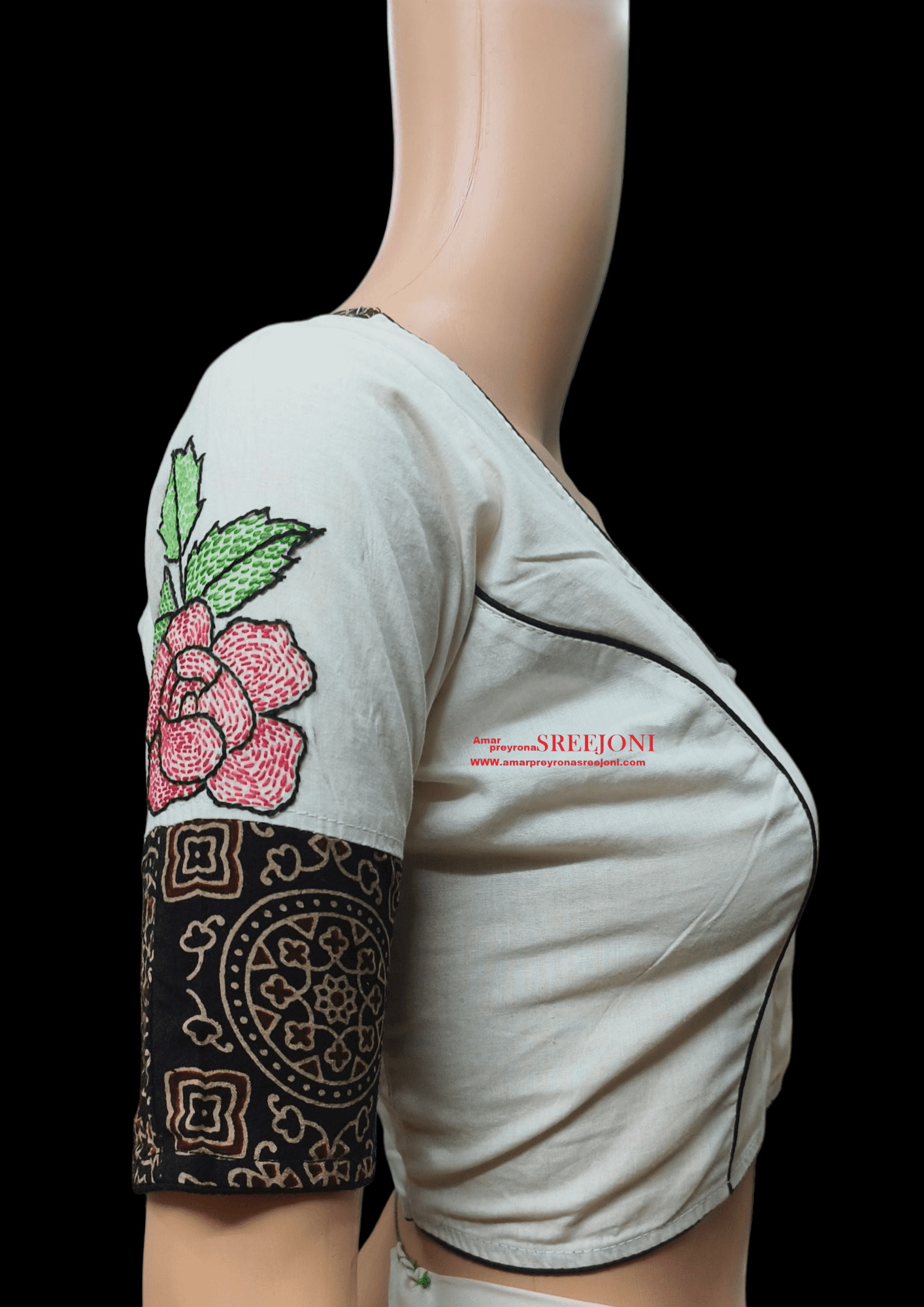 Hand Embroidery Pure Cotton White And Black Color Combination U-Neck Blouse For Women And Girls