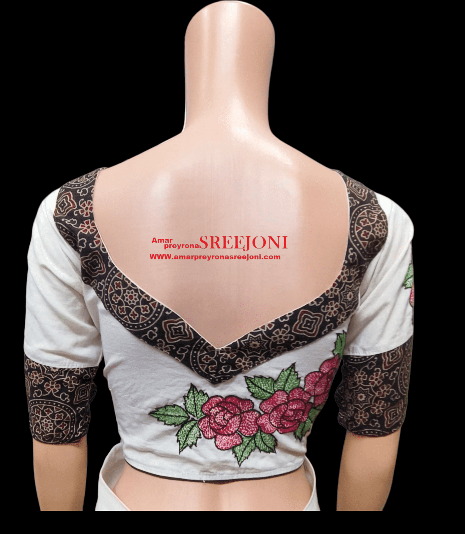 Hand Embroidery Pure Cotton White And Black Color Combination U-Neck Blouse For Women And Girls