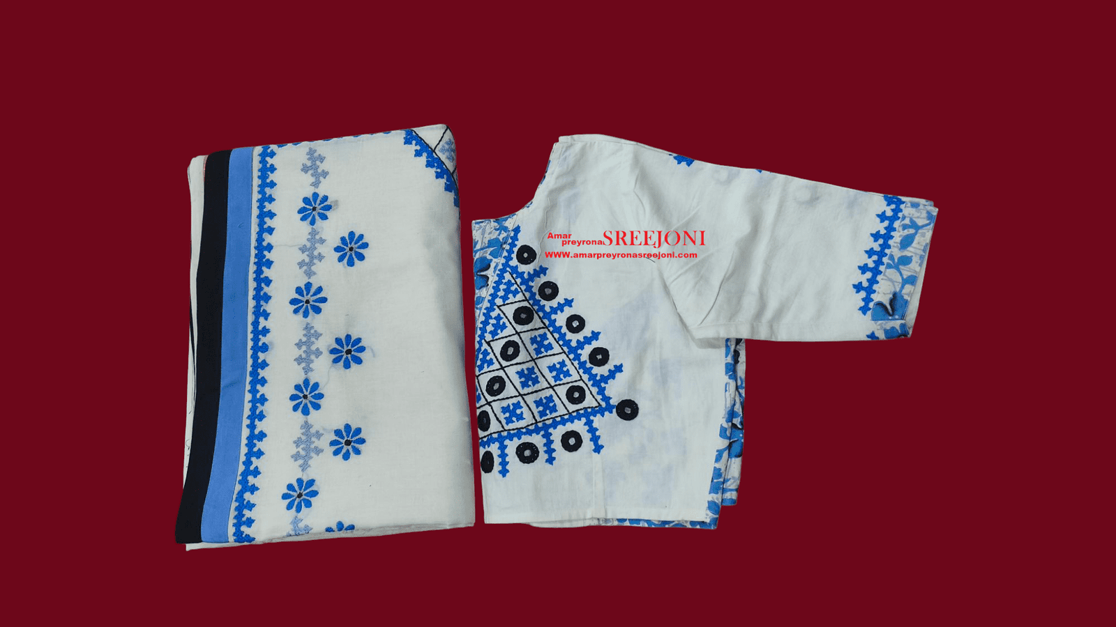 Hand Embroided Pure Kerela Cotton White And Blue Color Combination Saree With Fee Size Blouse