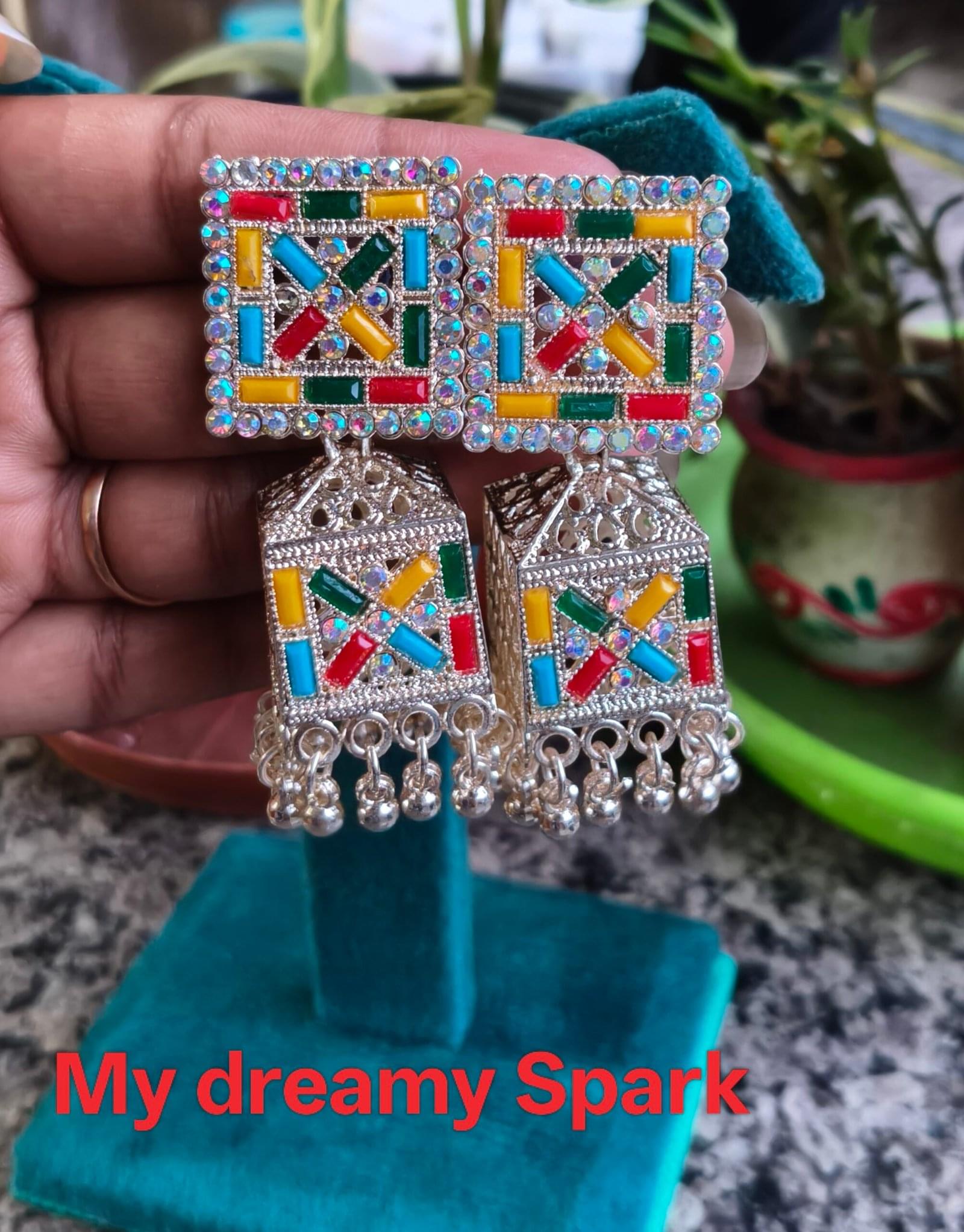 multicolored square stone studded oxidise jhumka earrings for girls and women