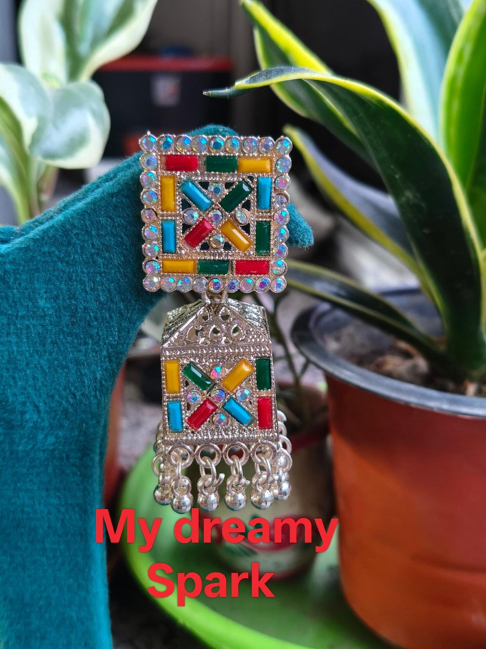 multicolored square stone studded oxidise jhumka earrings for girls and women