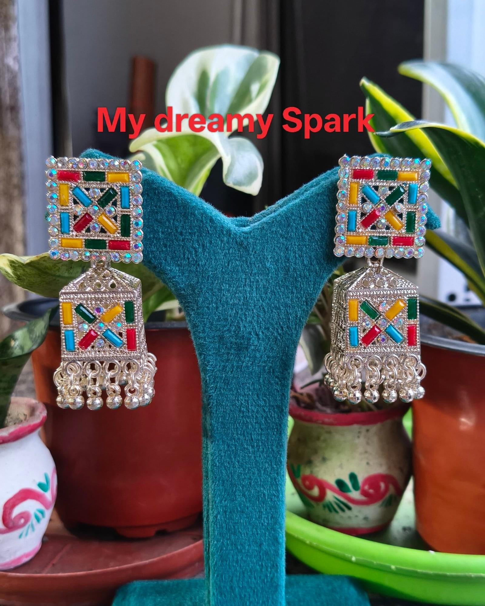 multicolored square stone studded oxidise jhumka earrings for girls and women
