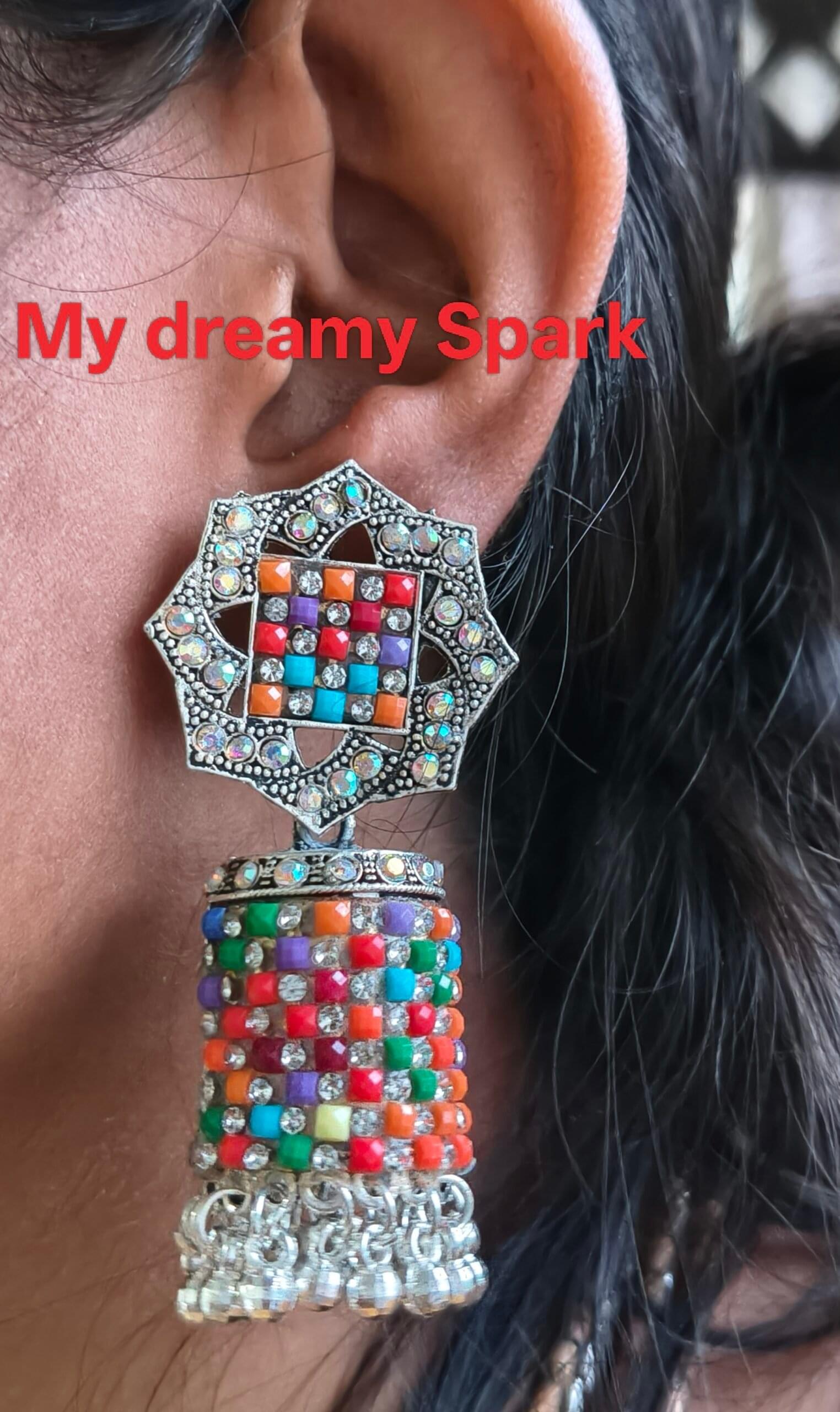 Silver oxidised artificial stone alloy jhumkas for girls and womens