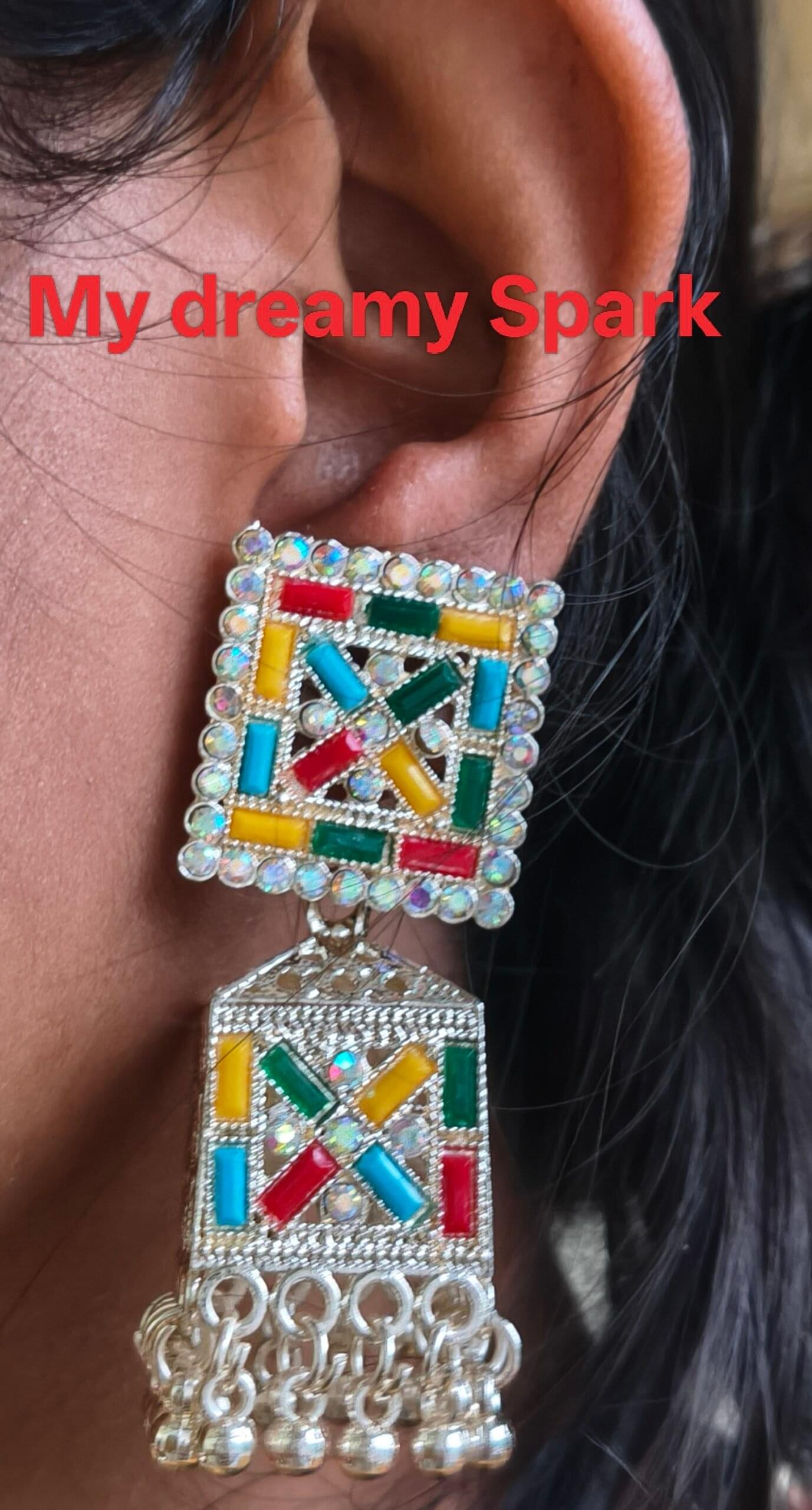 multicolored square stone studded oxidise jhumka earrings for girls and women