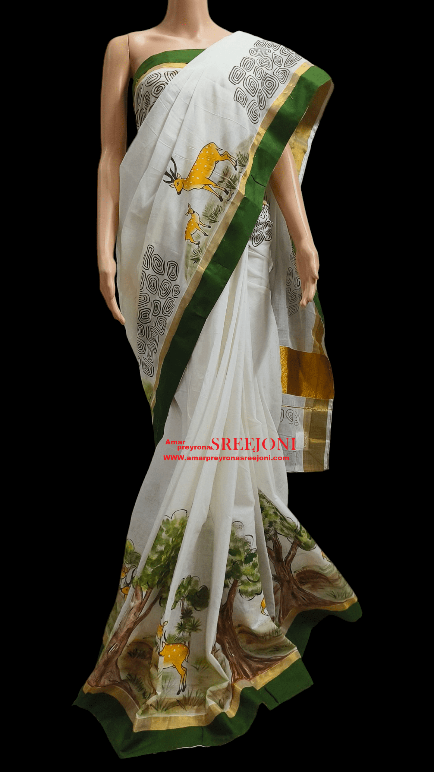 Hand Painted Pure Kerela Cotton Febric Work green, Orange White And Black Color Combination Saree Use For Girls And Womens