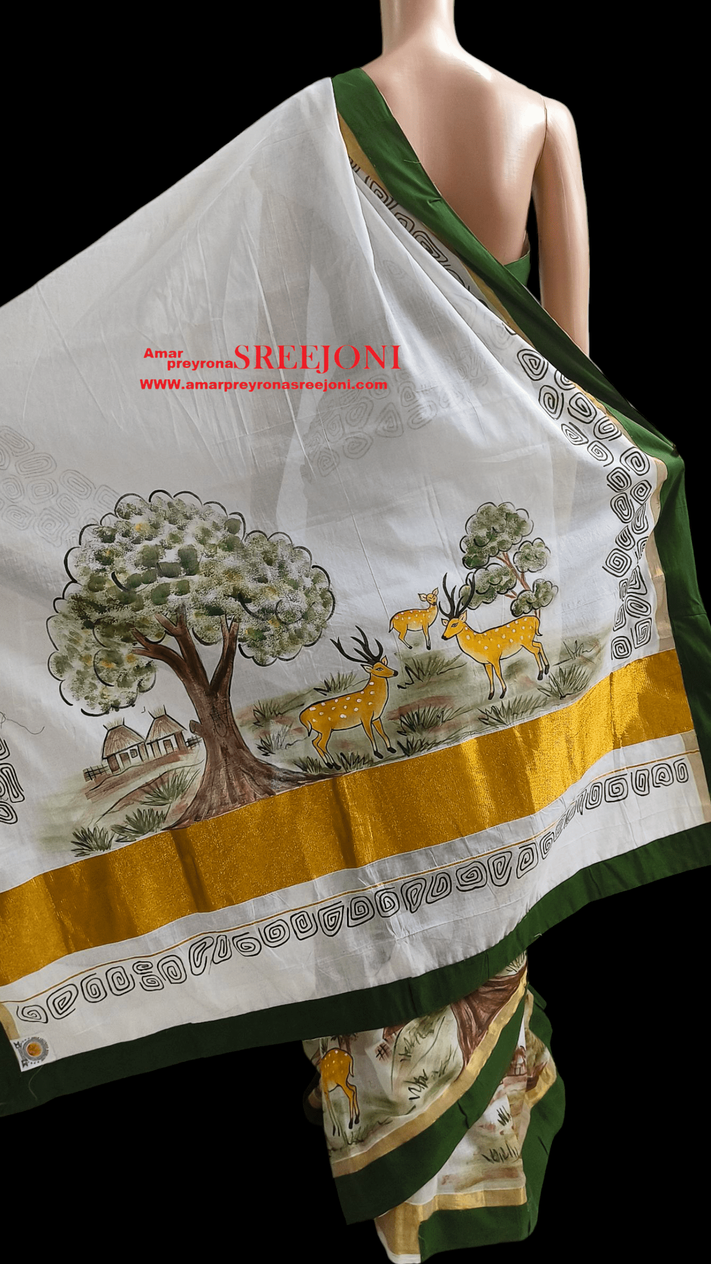 Hand Painted Pure Kerela Cotton Febric Work green, Orange White And Black Color Combination Saree Use For Girls And Womens