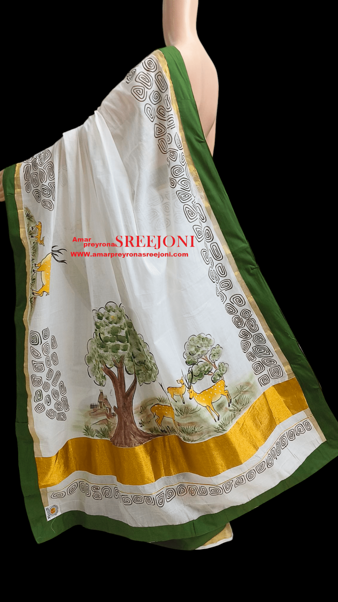 Hand Painted Pure Kerela Cotton Febric Work green, Orange White And Black Color Combination Saree Use For Girls And Womens