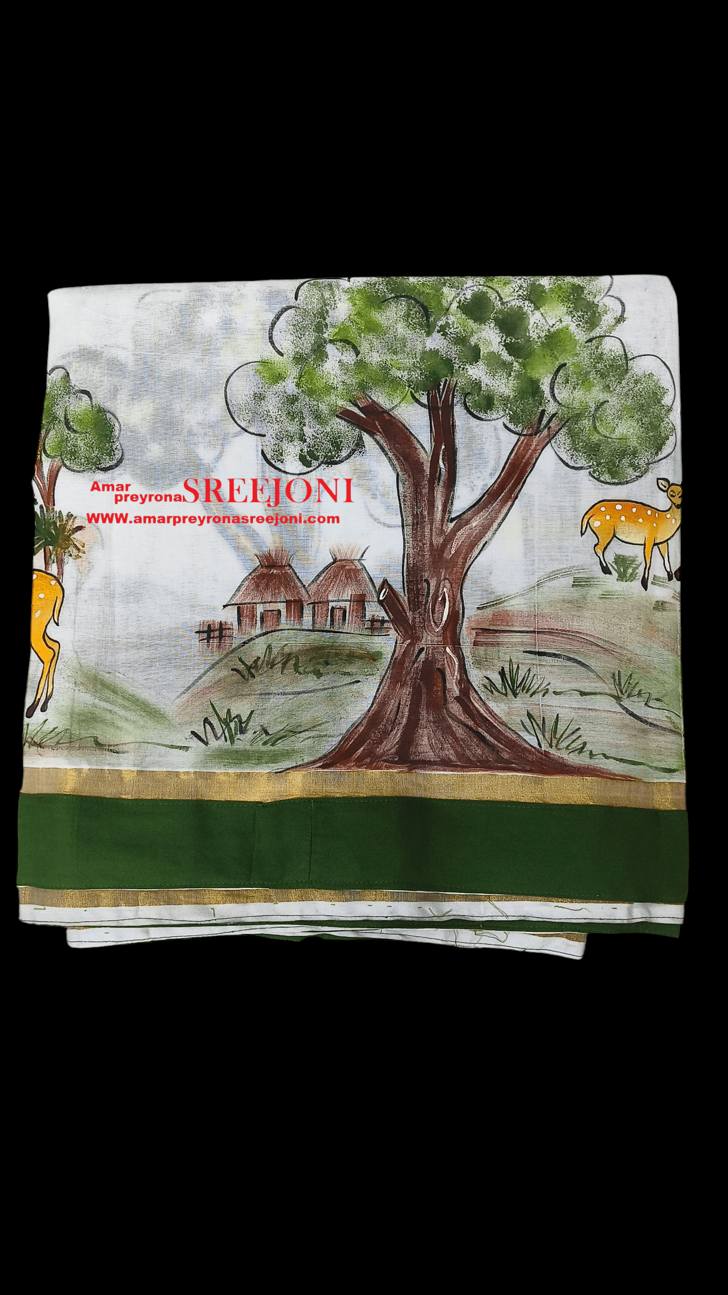 Hand Painted Pure Kerela Cotton Febric Work green, Orange White And Black Color Combination Saree Use For Girls And Womens