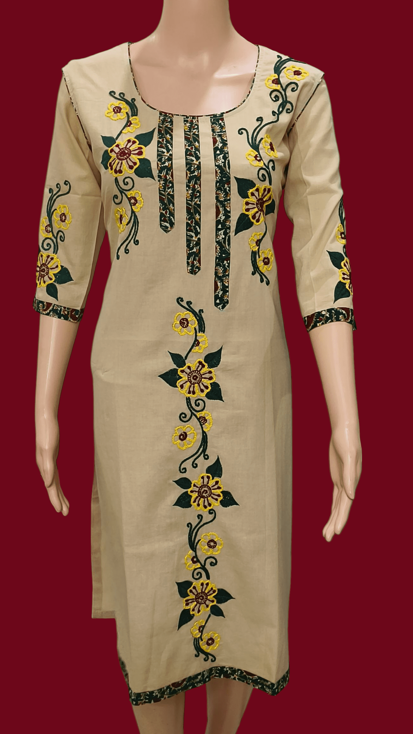 Hand embroidery pure Cotton Knee leanth u- neck beige color kurti