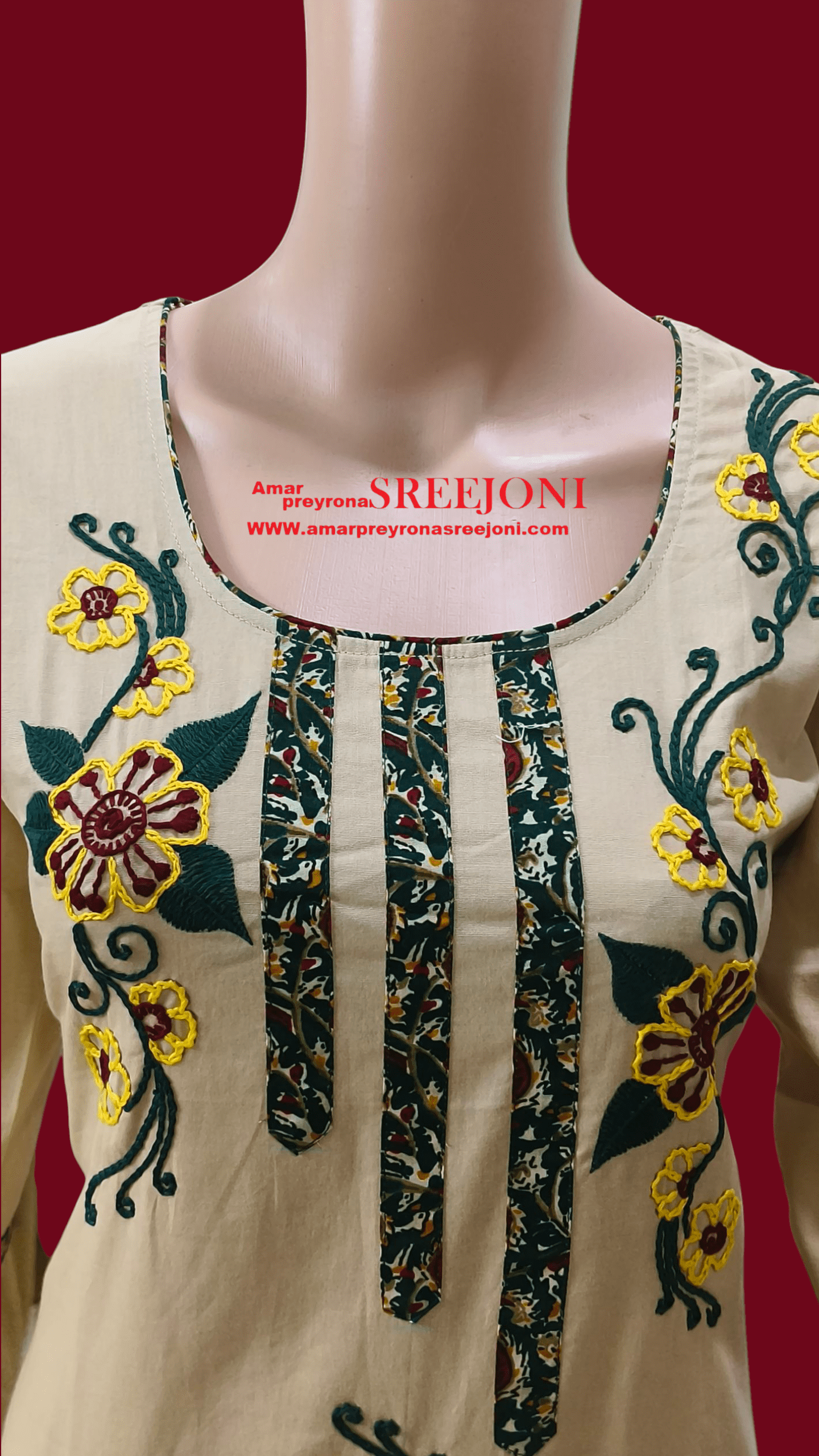 Hand embroidery pure Cotton Knee leanth u- neck beige color kurti
