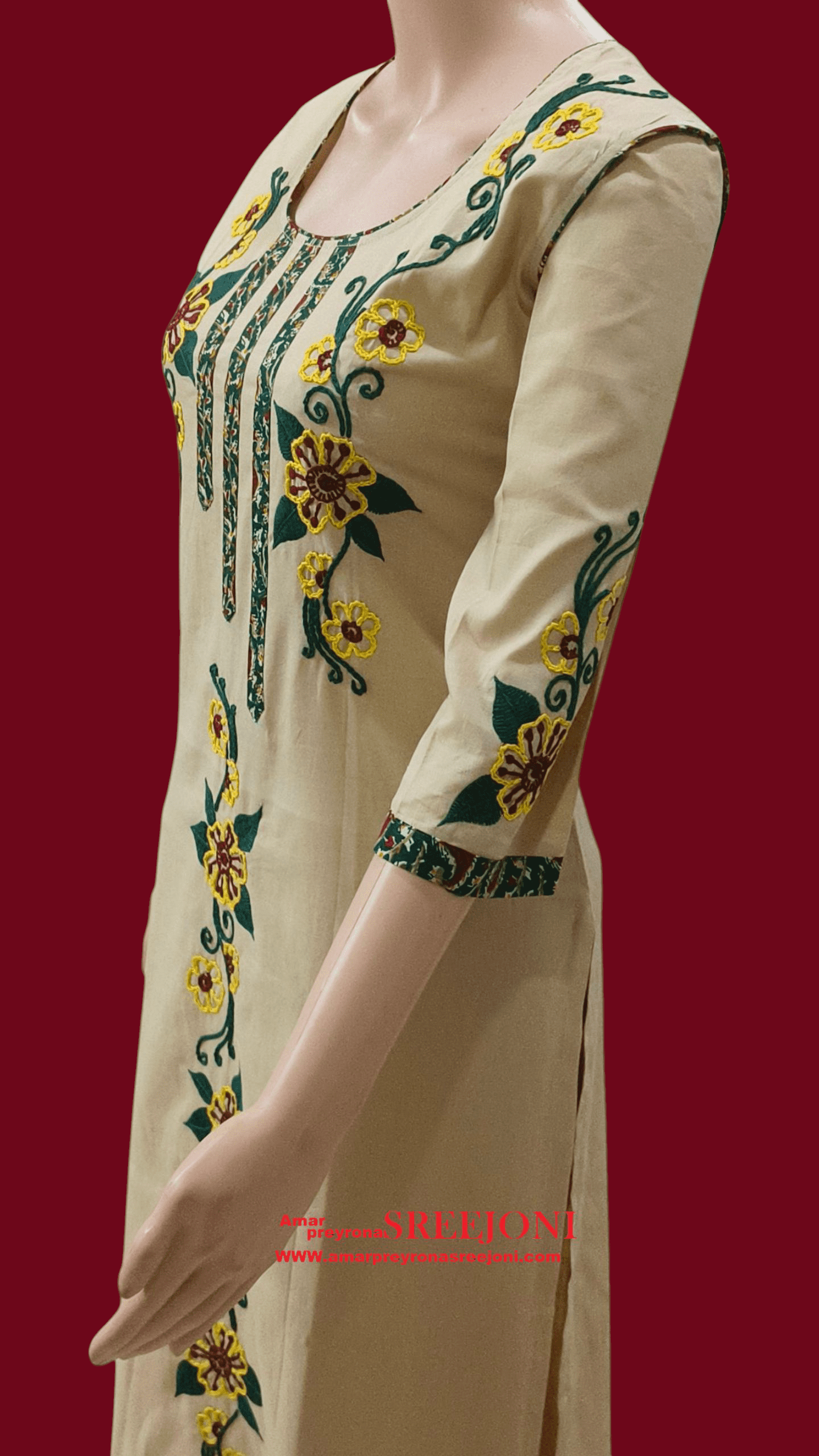 Hand embroidery pure Cotton Knee leanth u- neck beige color kurti