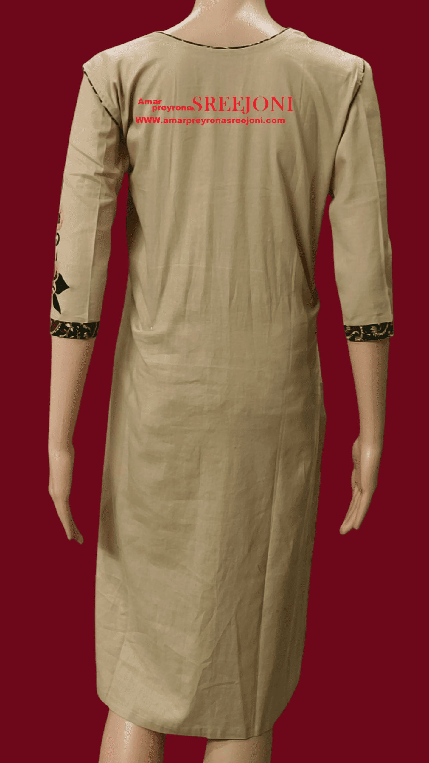 Hand embroidery pure Cotton Knee leanth u- neck beige color kurti