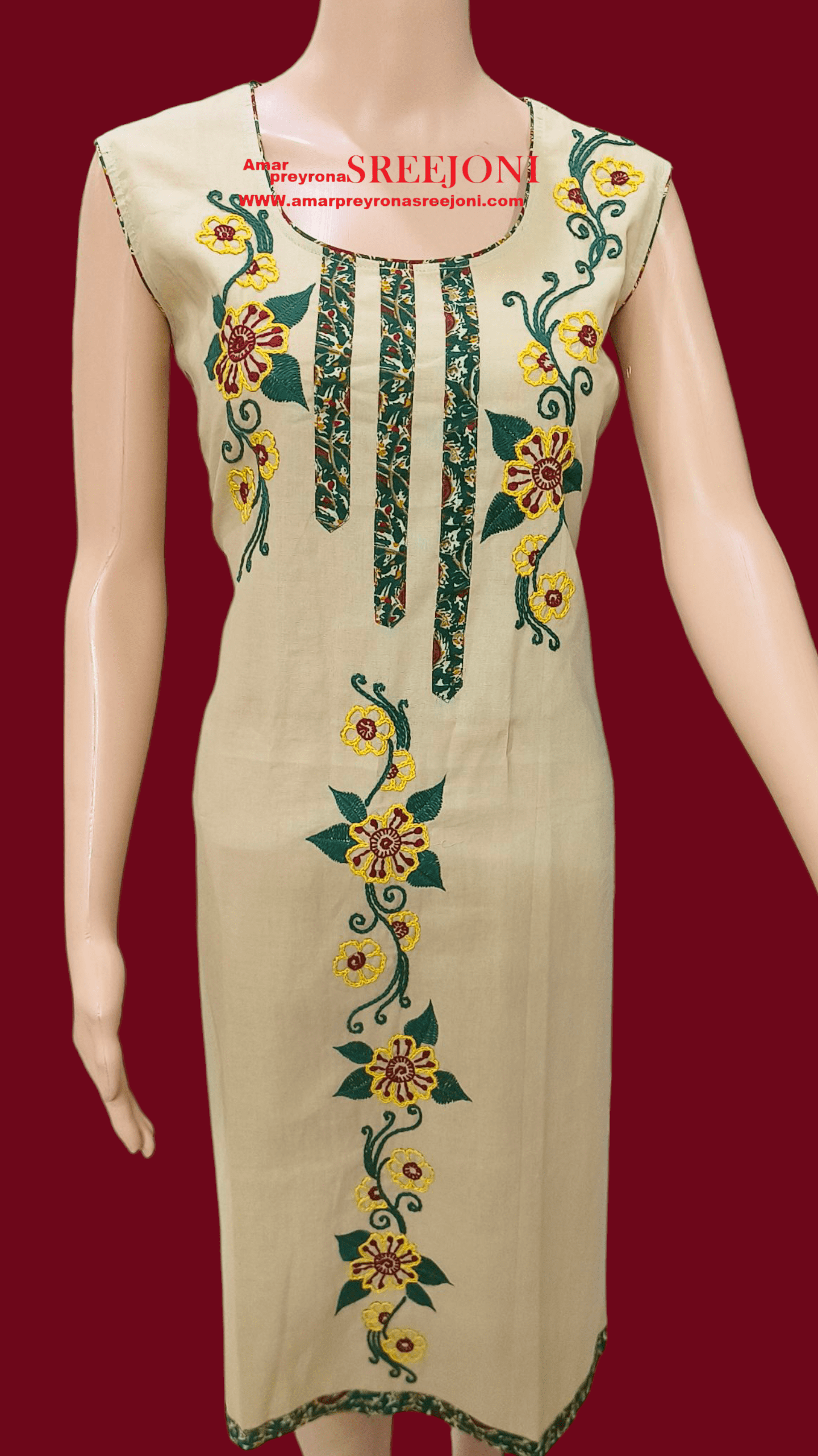 Hand embroidery pure Cotton Knee leanth u- neck beige color kurti