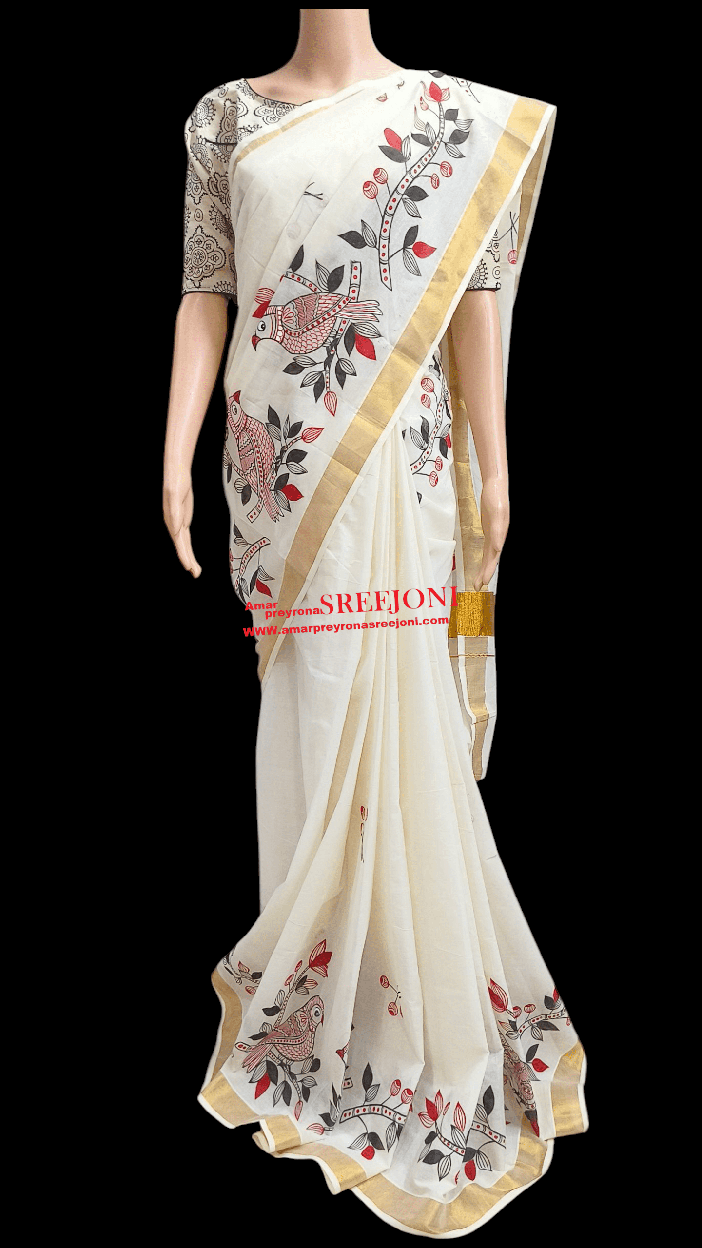 Hand Painted Pure Kerela Cotton Febric Work Off White Color Beautiful Saree